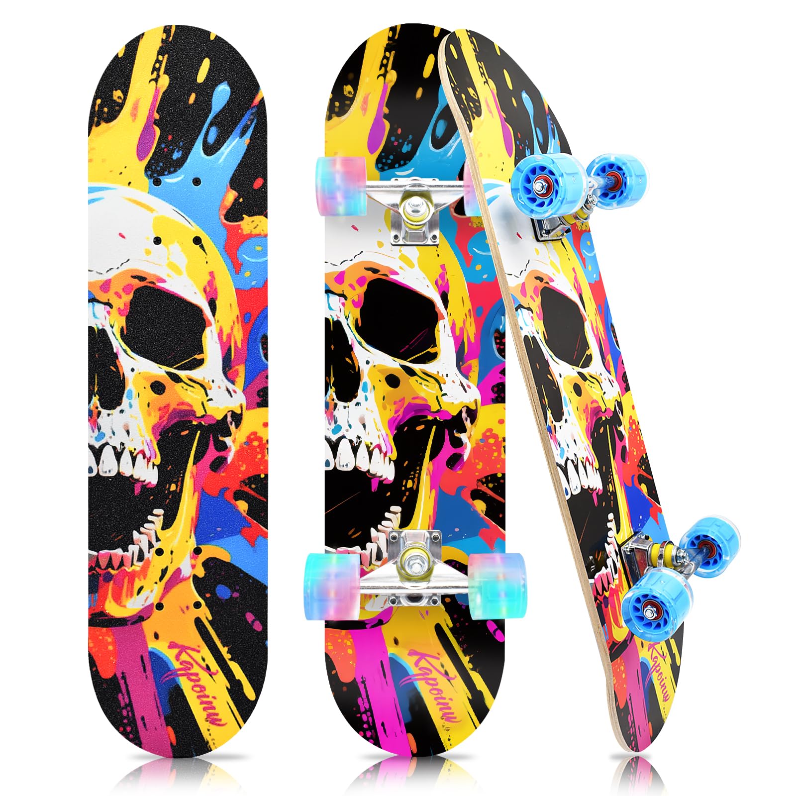 Standard Skateboards with Colorful Flashing Wheels for Beginners Kids Teens 7 Layer Maple Complete Skateboard for Girls Boys