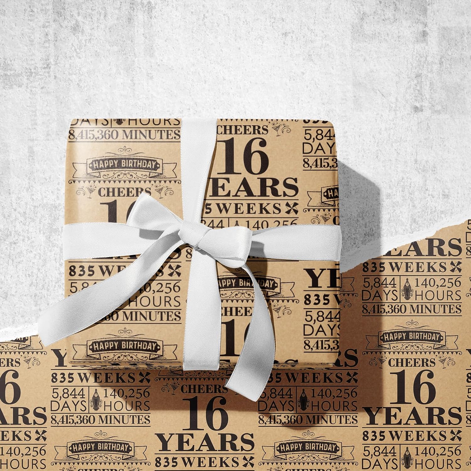 RUSPEPA 16th Birthday Black Design Wrapping Paper Roll, 17" x 16.4 ft, Kraft Paper, Perfect for Birthdays, Parties & Holidays