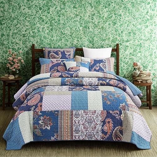 Tache Home Colcha de cachemir floral bohemio rústico de algodón colcha de retazos