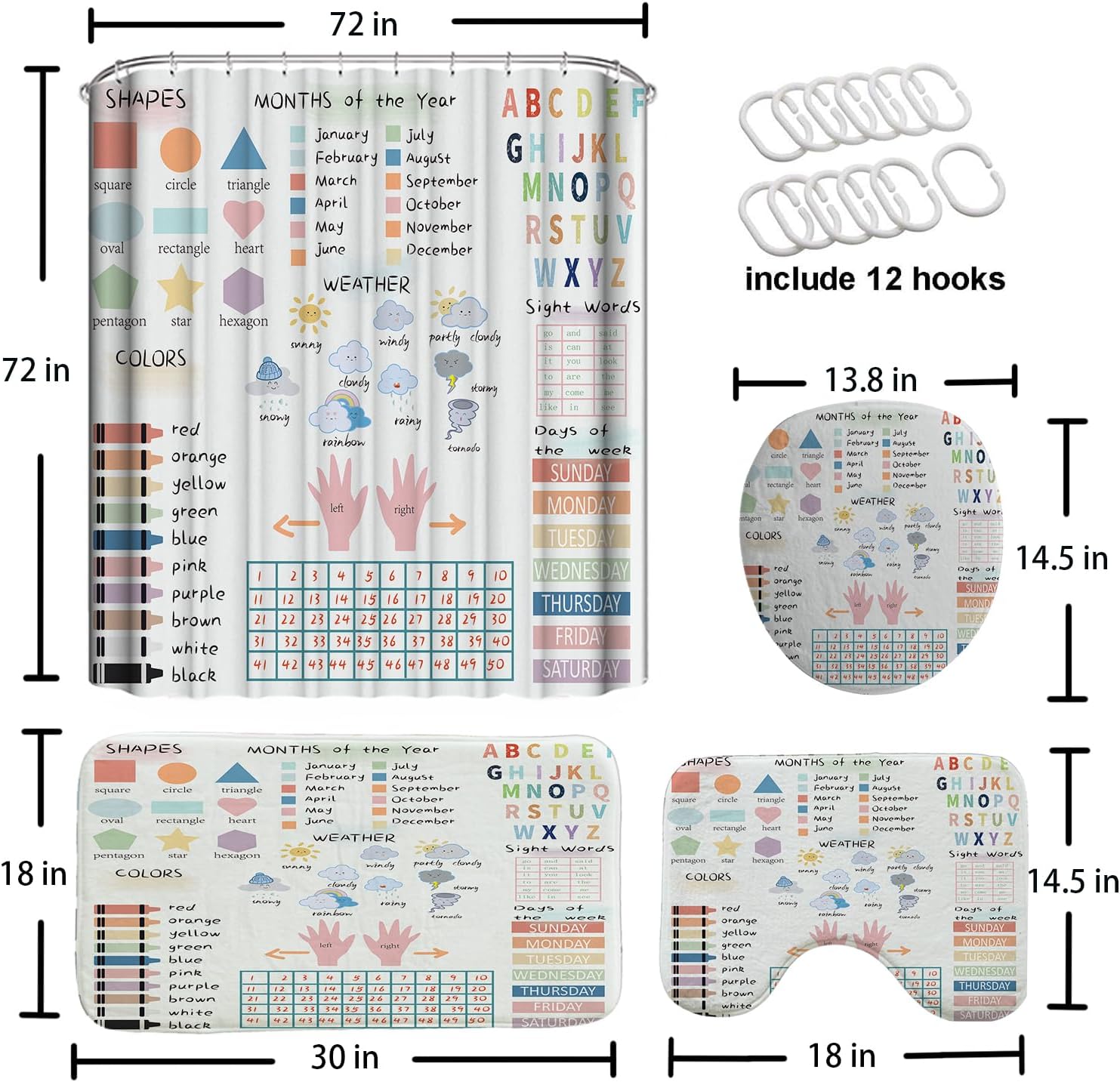 4 Pcs Kids Educational Shower Curtain Sets with Non-Slip Rugs Boho Watercolor ABC Alphabet Pastel Numbers Shapes Colors Weather Knowledge Child Nursery Bathroom Decor Polyester Fabric 72*72in