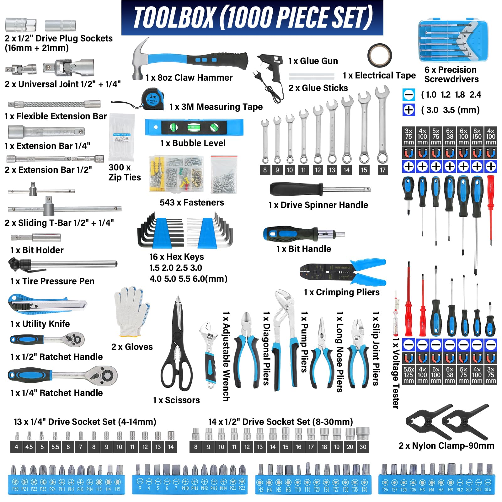 TEENO Boite à Outils | 1000 Pièces | Caisse a Outil en Chrome Vanadium | Outil Multifonction avec Valise Aluminium et Poignée Télescopique | Malette Outils Roulante pour Maison et Auto