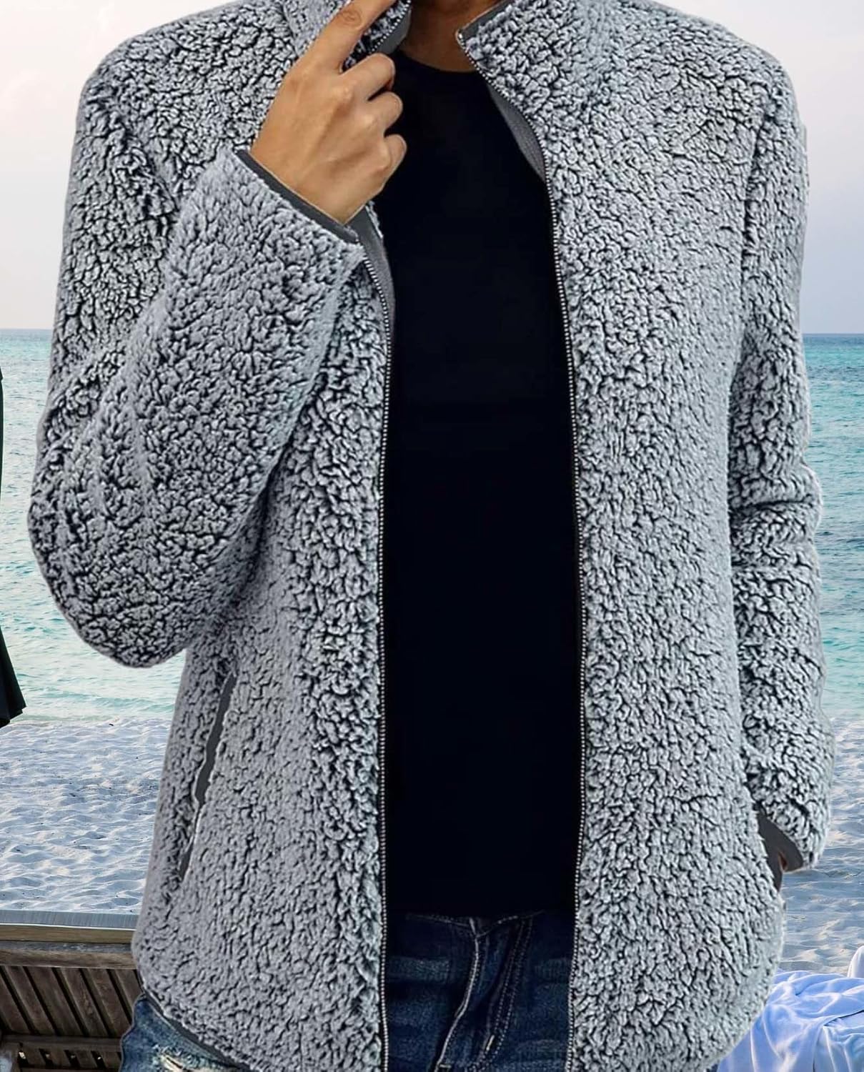 Womens Winter Jacket Casual Warm Plush Zipper Long Sleeve Standing Collar Coat with Pockets For Cold Weather - Image 3