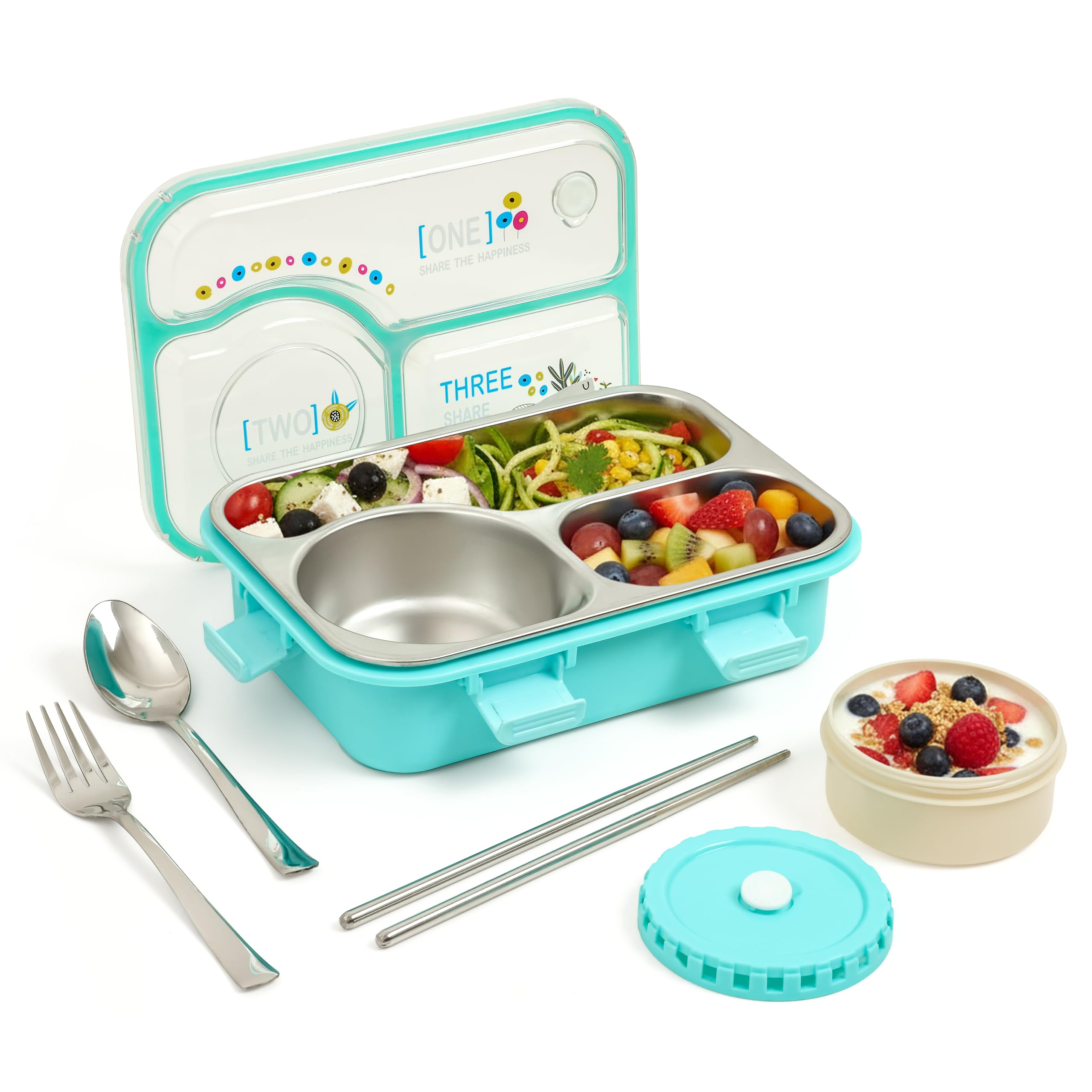 TEC TAVAKKAL Lunch Box 3 Compartment Leak-Proof BPA Free Stainless Steel, Lunch Box for Kids, Lunch Box for School & Office with a Fork, a Spoon and a Pair of Chopsticks (Happiness Kawai Blue)