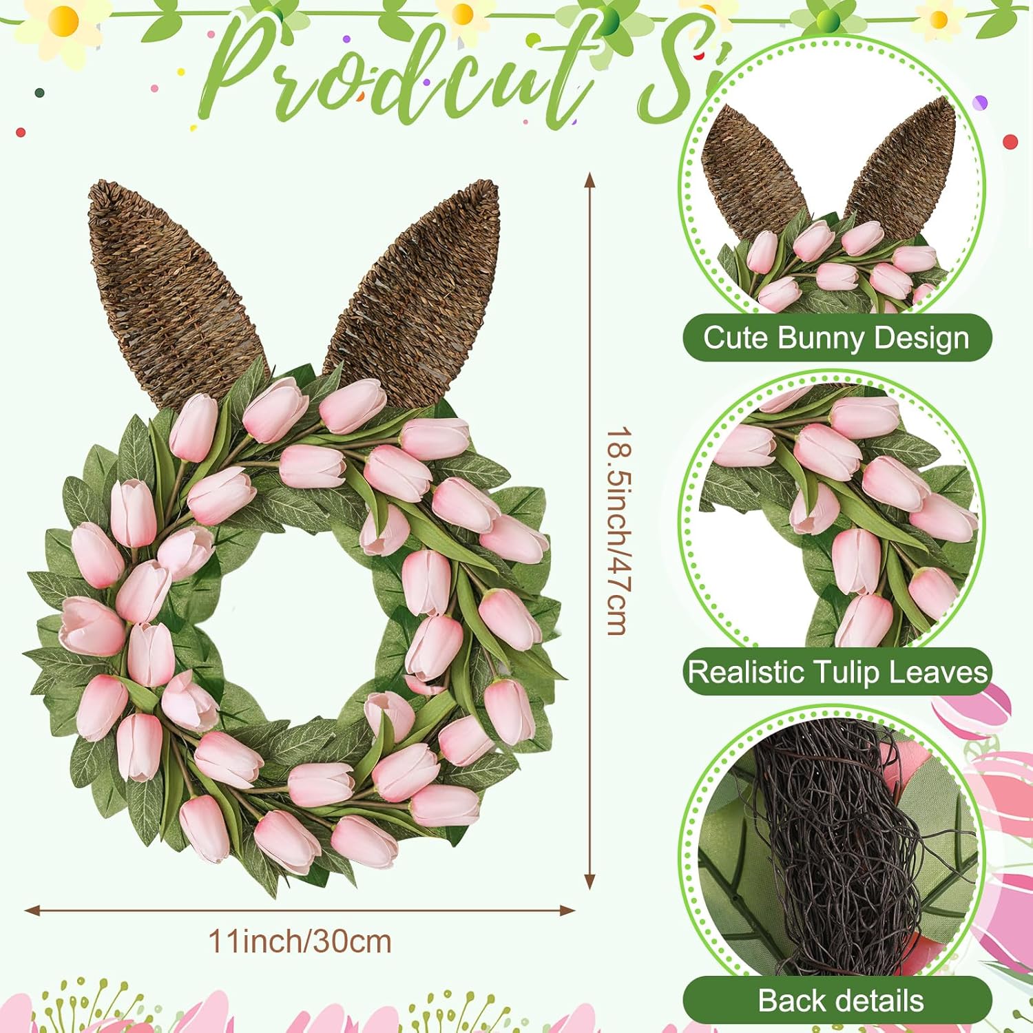 Norme Easter Bunny Ears Wreath for Front Door Spring Tulip Easter Bunny Rabbit Rattan Silk Wreath with Green Leaves Artificial Pink Tulip Flower for Front Door Outdoor Indoor Wall Window Decor