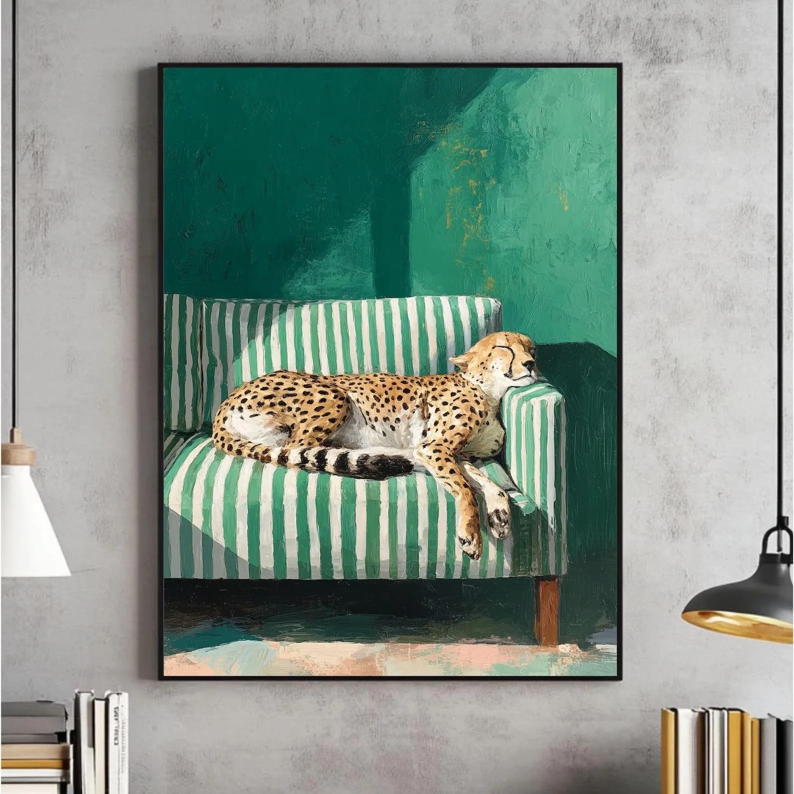 Arte de pared de guepardo y leopardo en verde esmeralda, cuadro moderno 40x55cm