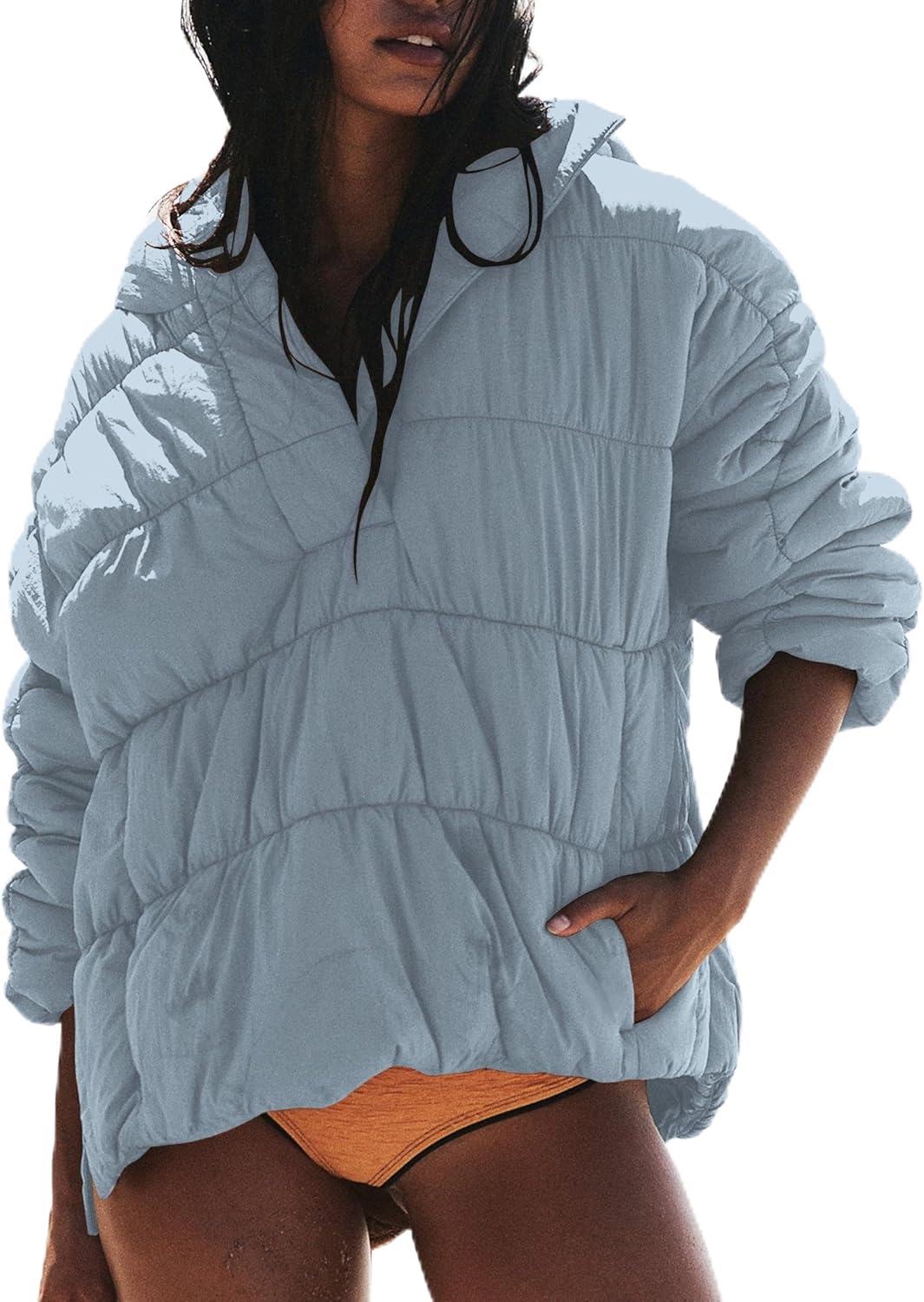 Women‘s Quilted Pullover Puffer Jacket Long Sleeve Winter Warm Packable Lightweight Hooded Coats