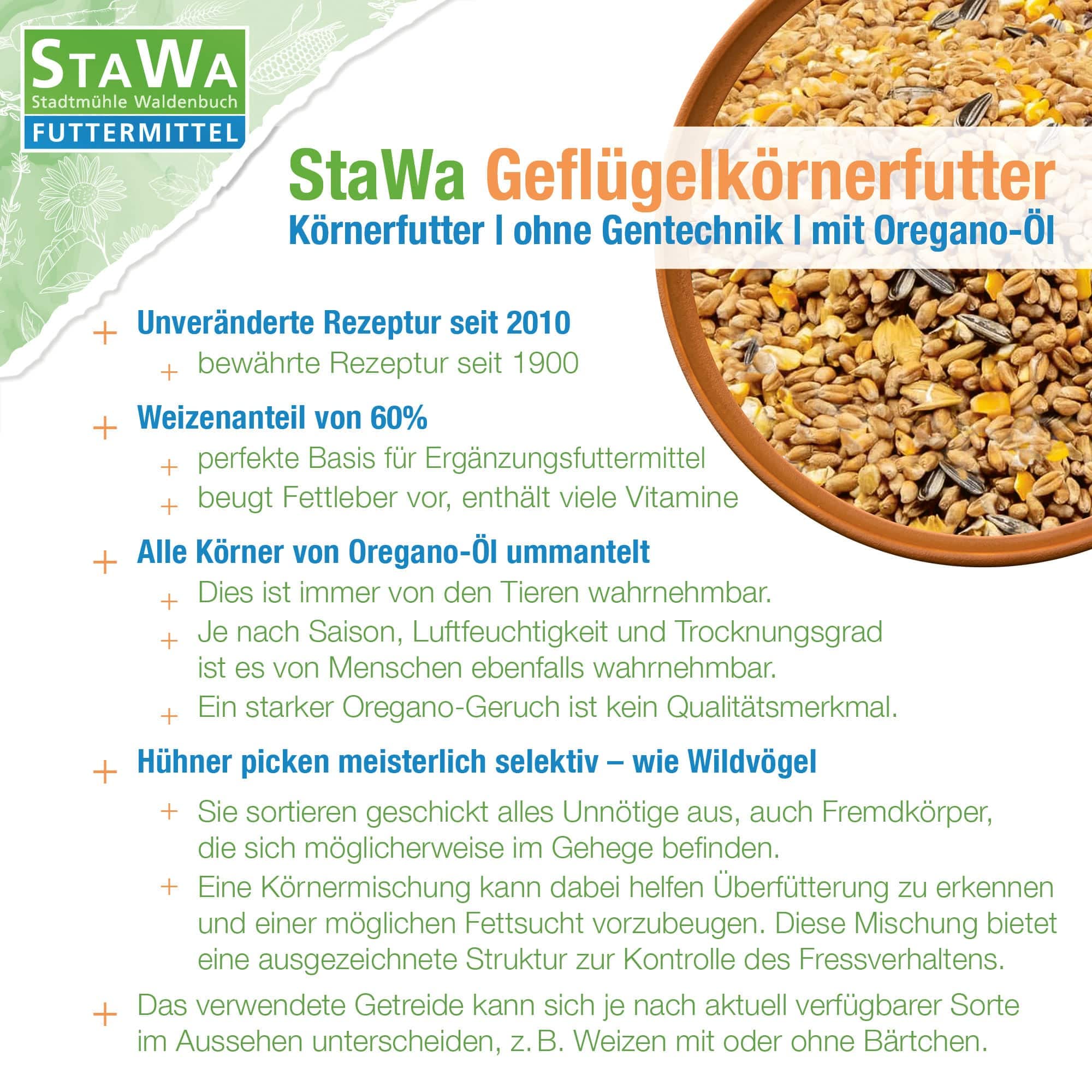 Hühnerfutter Geflügelkörnerfutter Körnerfutter, ohne Gentechnik, mit Oregano Öl, 25 kg