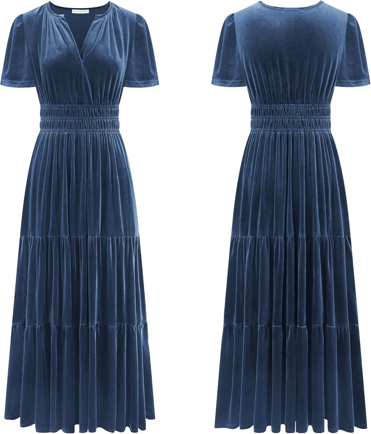 R.Vivimos Women's Fall Winter Vintage Velvet Dress Short Sleeve V Neck Elastic Waist Tiered Ruffle A-Line Flowy Maxi Dress - Image 6