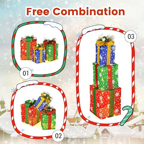 Miniatura 8 de Tangkula Juego de 3 cajas iluminadas, juego de cajas de regalo iluminadas con exquisitas cajas, decoración navideña para interiores y exteriores con
