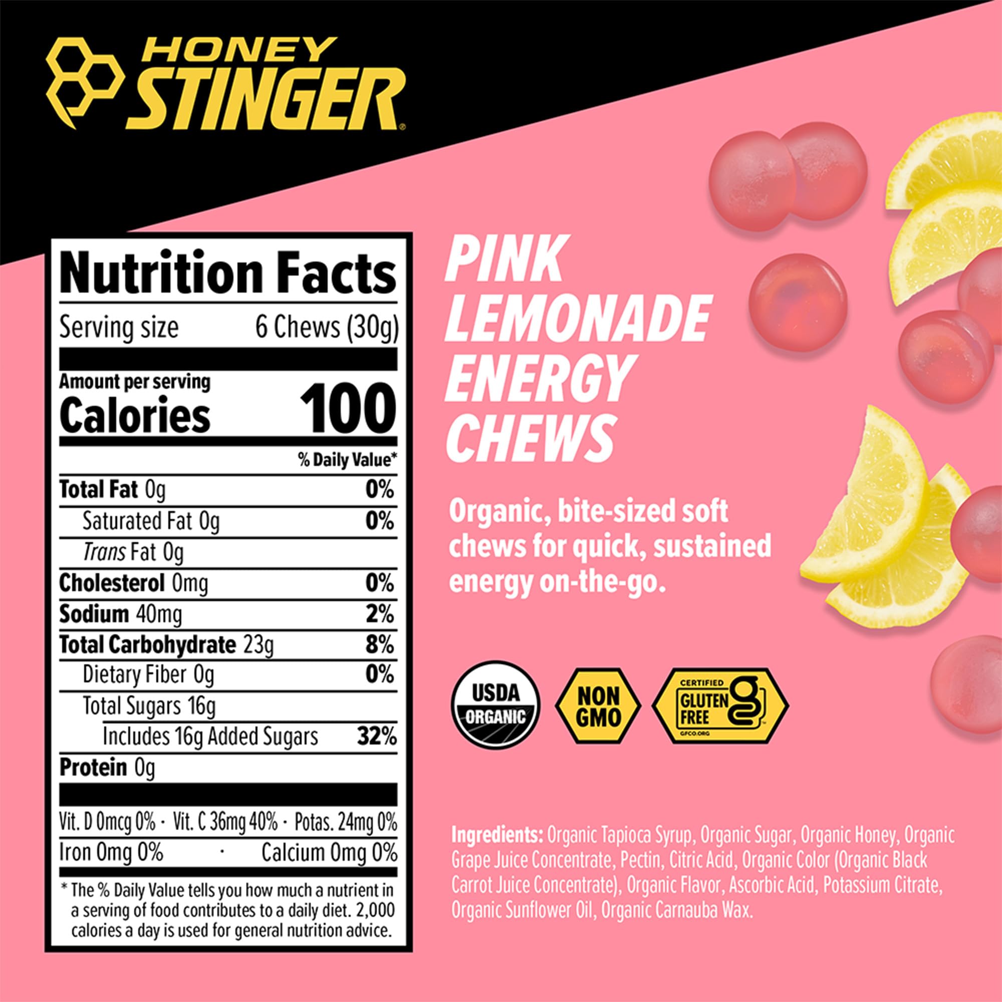 Honey Stinger Organic Pink Lemonade Energy Chew, Gluten Free & Caffeine Free, for Exercise, Running and Performance, Sports Nutrition for Home & Gym, Pre and Mid Workout, 21.6 Ounces (Pack of 12) — Amazon image 2