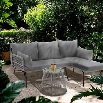 Bezseller 3-Piece Outdoor Patio Furniture Set, L-Shaped Rattan Sectional Sofa with Thick Cushions, Glass Coffee Table All-Weather Conversation Set for Backyard, Porch, Poolside
