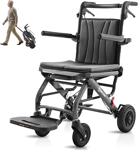 Miniatura 9 de Sillas de ruedas para adultos, silla de transporte ligera plegable con mango telescópico, 17 pulgadas de ancho, compactas, portátiles, plegables,