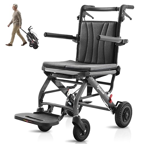 Whlicks Wheelchairs for Adults, Transport Lightweight Foldable Portable Shower Chair with Telescopic Handle, Travel Transfer Folding for Seniors Disabled Gray