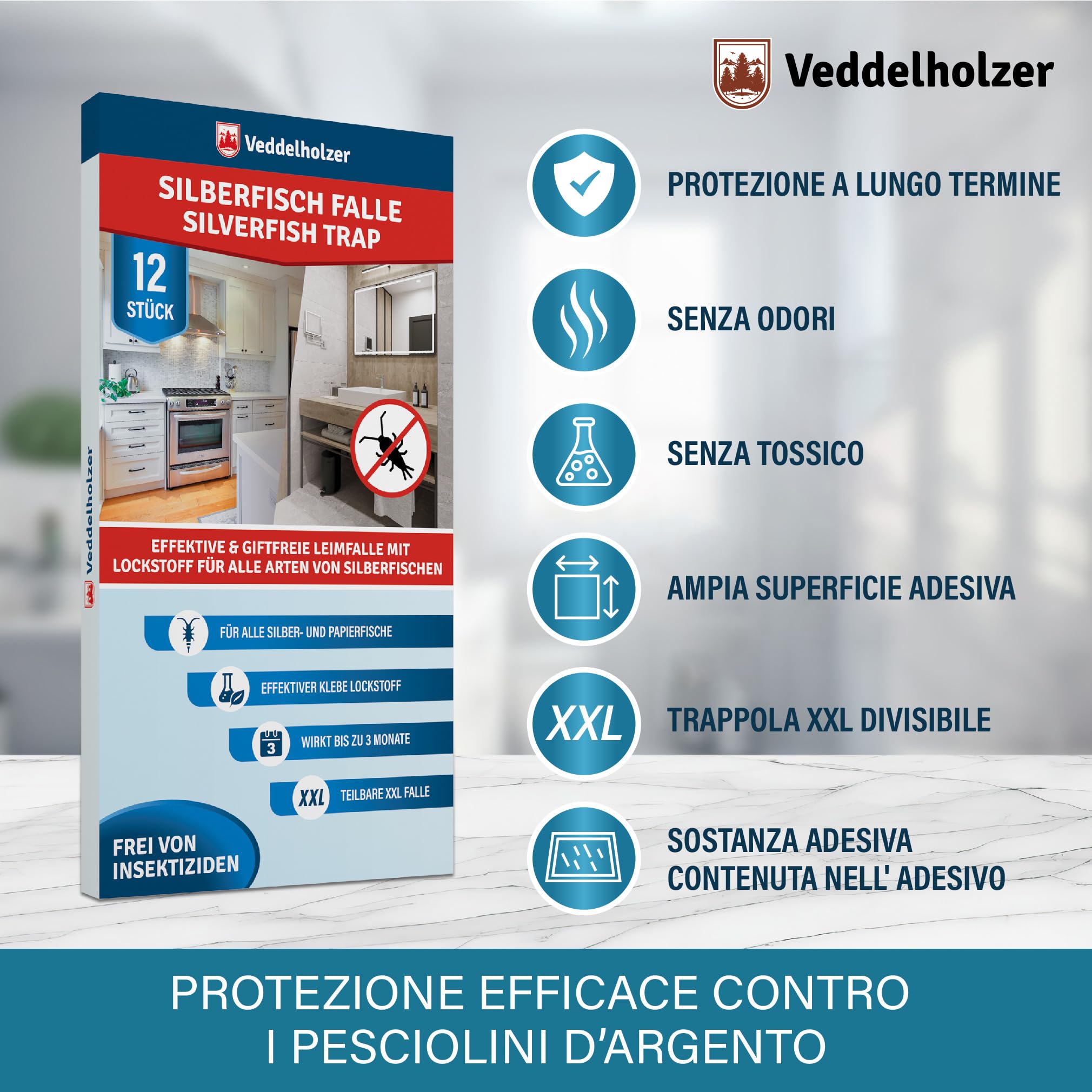 Veddelholzer XXL divisible silverfish trap with bait attractant, 12 pieces Effective sticky Traps Combat Silverfish and Paperfish Non tossico, odourless, ecologico amichevole, facile da usare