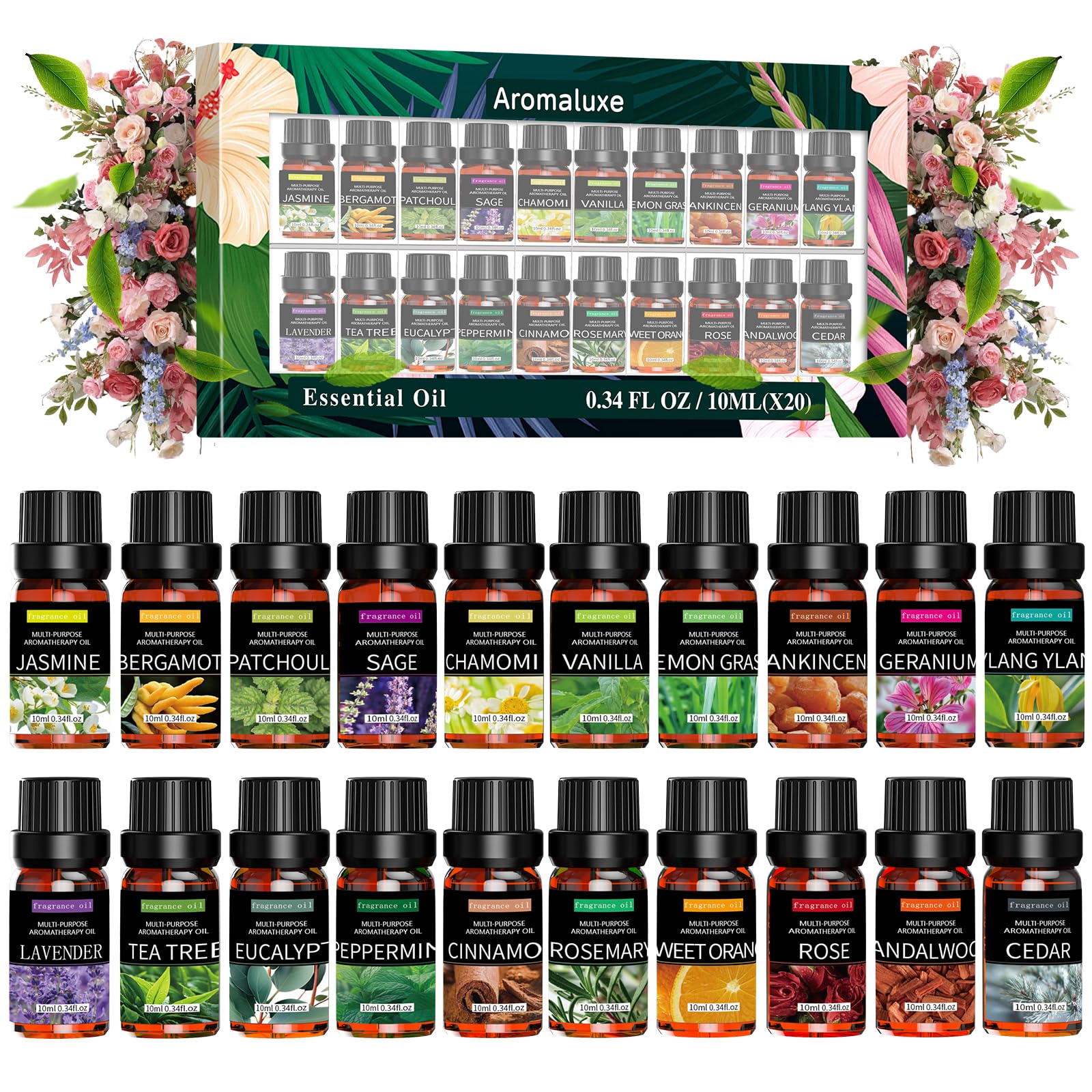 PEDOOD Essential Oil Set - 100% Natural Essential Oils 20 x 10ML - Essential Oils Gift Set for Diffuser, Humidifier, Aromatherapy, Massage, Soap, Candle Bath Bombs Making