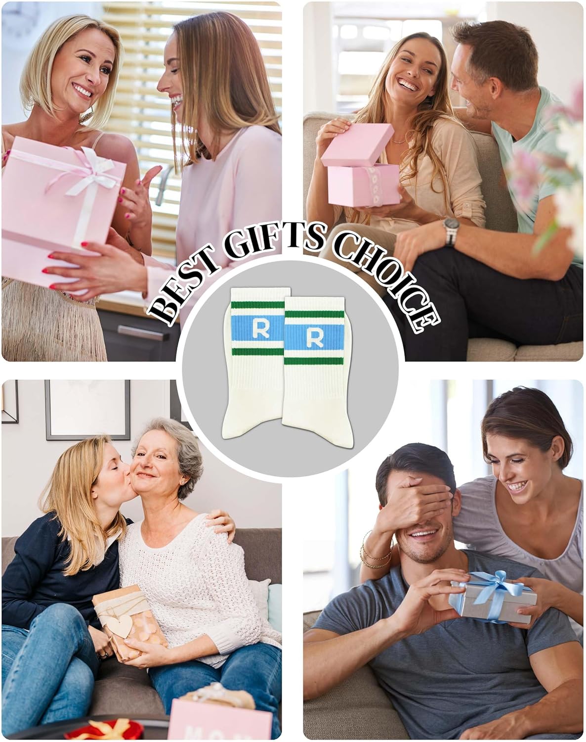 Retro Blue Striped Crew Socks with Letter, Classic Initial Monogram Socks for Women or Men. - Image 2