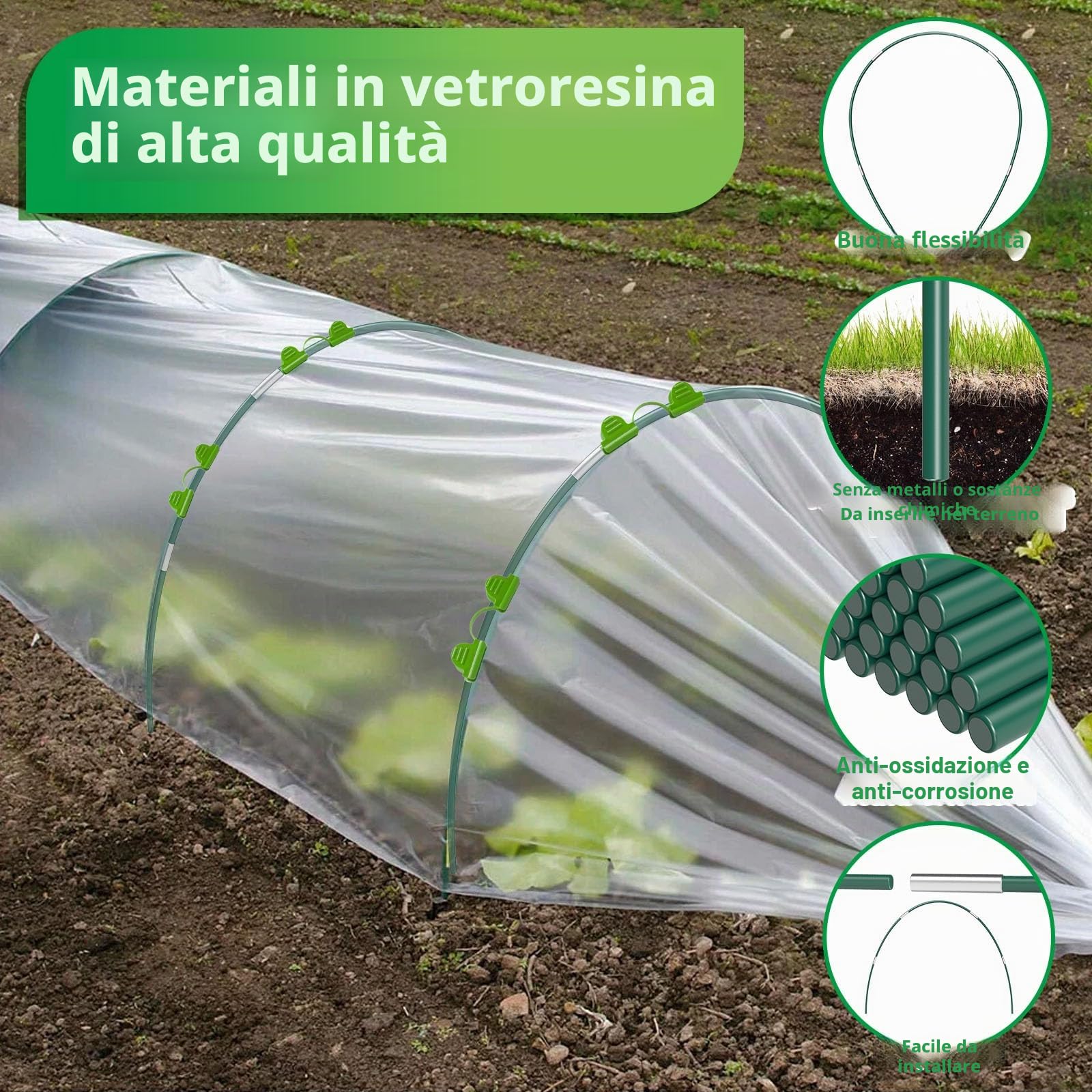 Gallerie per piante, 50 pezzi, per aiuole rialzate, in vetroresina, tunnel per serra, tunnel per serra, per aiuole rialzate, supporto per piante fai da te, pali da giardino