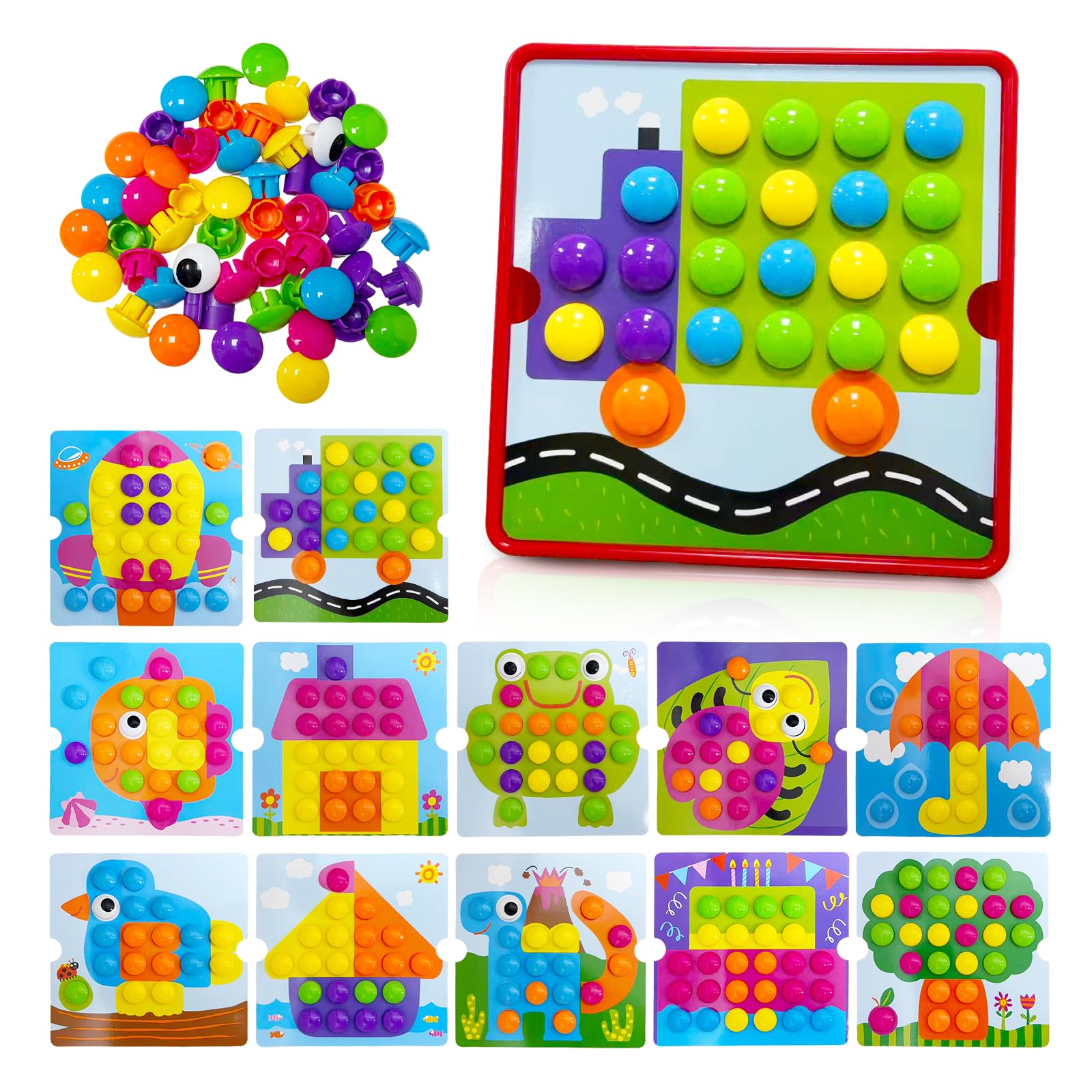 Euablfo Gioco Chiodini per Bambini,Incastro Mosaico con 46 Perle, Giochi Educativi Giocattoli, Giocattolo Educativo con 12 Modelli di Immagini Giochi da Viaggio, Regalo Bambini