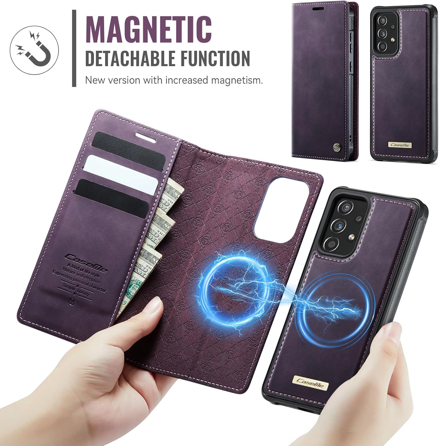Compatible with Samsung Galaxy A53 Detachable Wallet Case Compatible with Magsafe, 2-in-1 PU Leather Flip RFID Blocking Card Holder Stand Shockproof Magnetic Cover for Galaxy A53 5G (Purple)