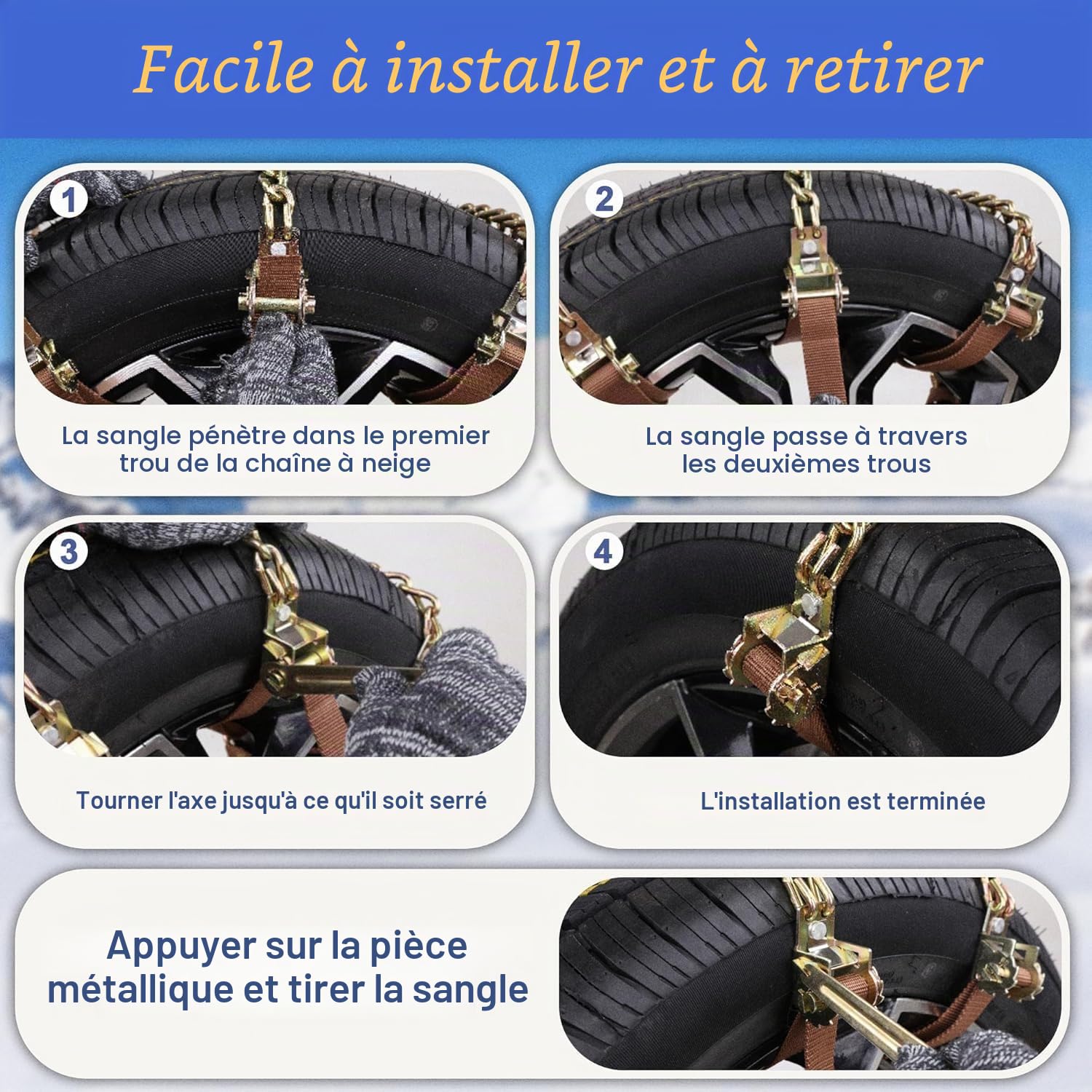 Lot de 8 chaînes à neige d'urgence pour pneus de voiture - 165-285 mm - Pour voiture, camion, SUV, routes enneigées - Avec pelle à neige en plastique et gants
