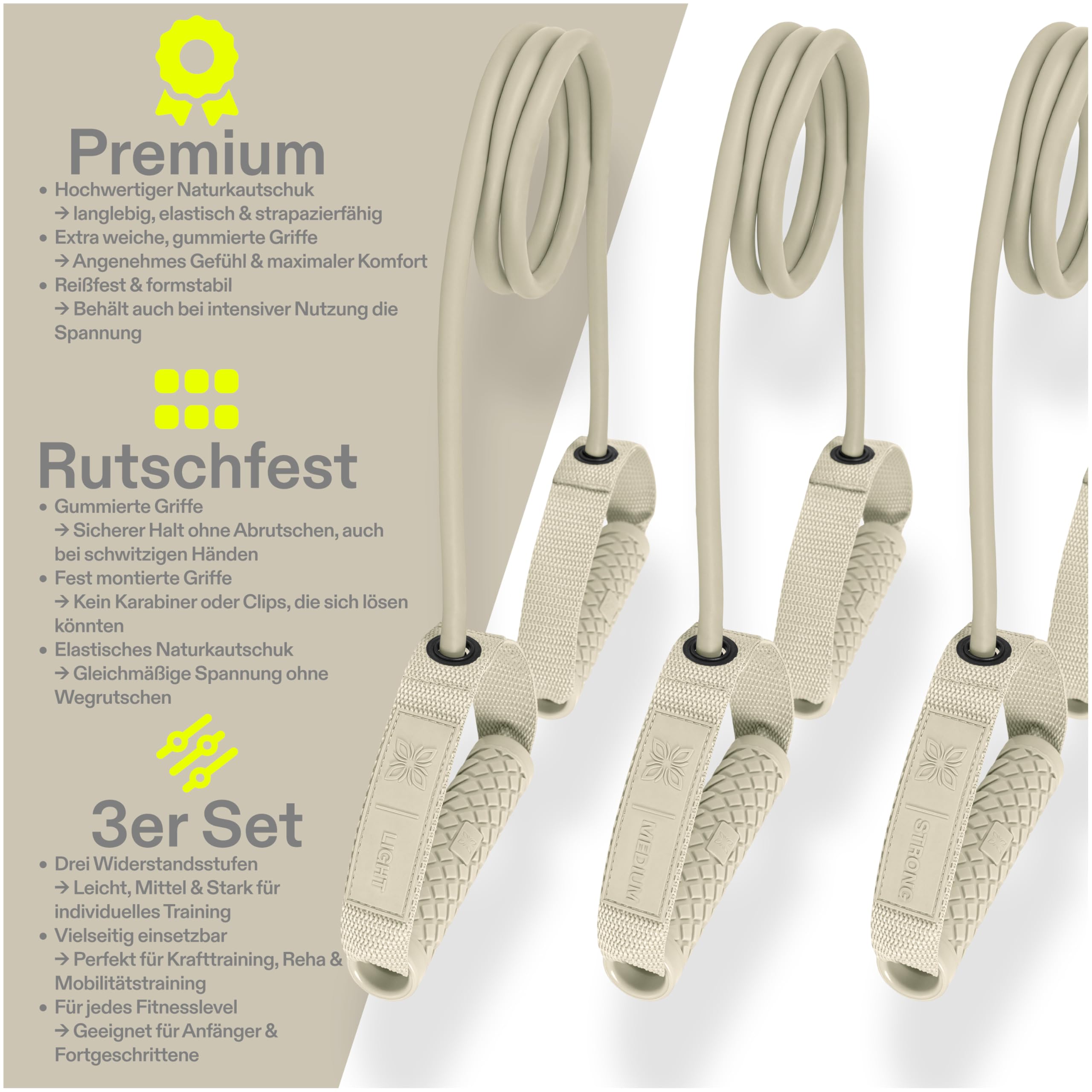 Widerstandsbänder Set mit Griffen – 3 Resistance Bands aus Naturkautschuk – Fitnessbänder mit Tasche für Krafttraining, Physiotherapie & Pilates – Expander für Muskelaufbau & Ganzkörpertraining