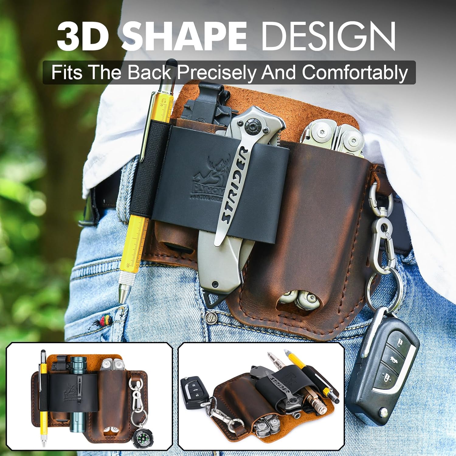 FLYHOMES Genuine Leather Multitool Sheath | Handmade Stitched Belt Organizer for Leatherman Surge | Holds Bit Kit & Extender | Flashlight Holster, Pen & EDC Tools Pouch | Dark Brown + Black - Image 3