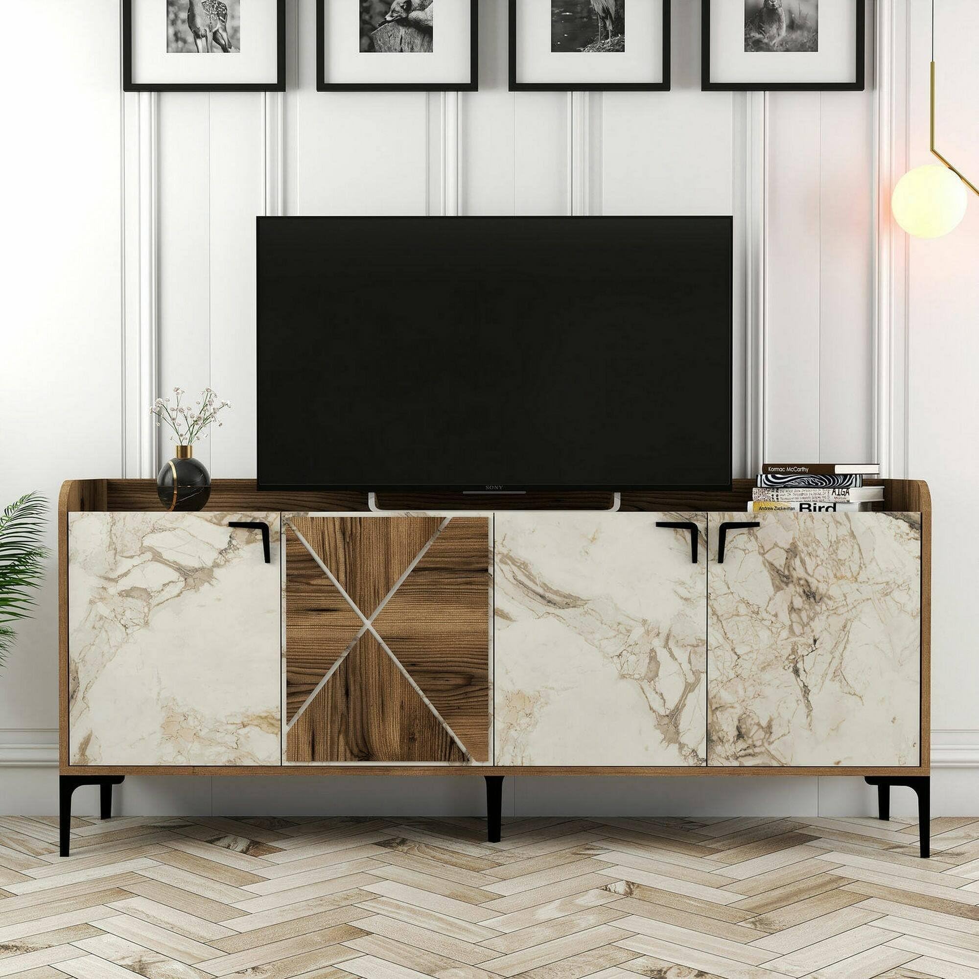 Dmora - Console Deneb, Buffet de Salon, Meuble Bas pour TV, Socle Mural équipé, 180x35 h78 cm, Noyer et Marbre Blanc