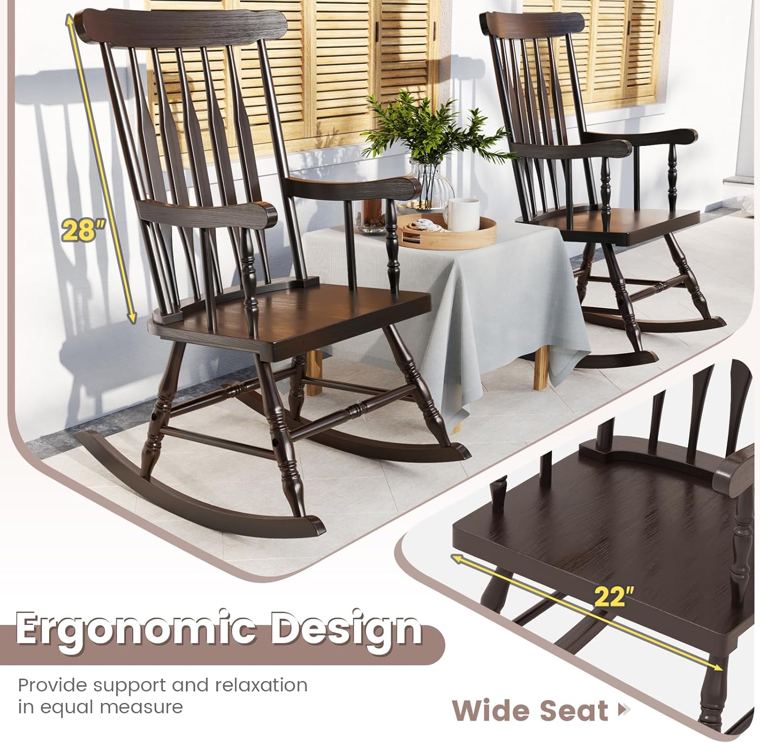 Giantex Outdoor Wood Rocking Chair - Patio Rocking Chair with Solid Rubber Wood Frame, Slat Back, Outside & Indoor Rocker for Garden, Poolside, Balcony, Backyard, Lawn, Front Porch Rocker, Dark Coffee
