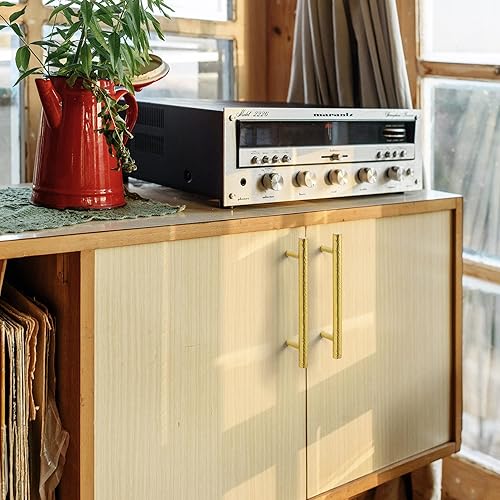 Miniatura 8 de KOPPALIVE Paquete de 6 tiradores de gabinete de cocina de latón macizo, manijas de barra en T modernas doradas, asas martilladas centrales de 5