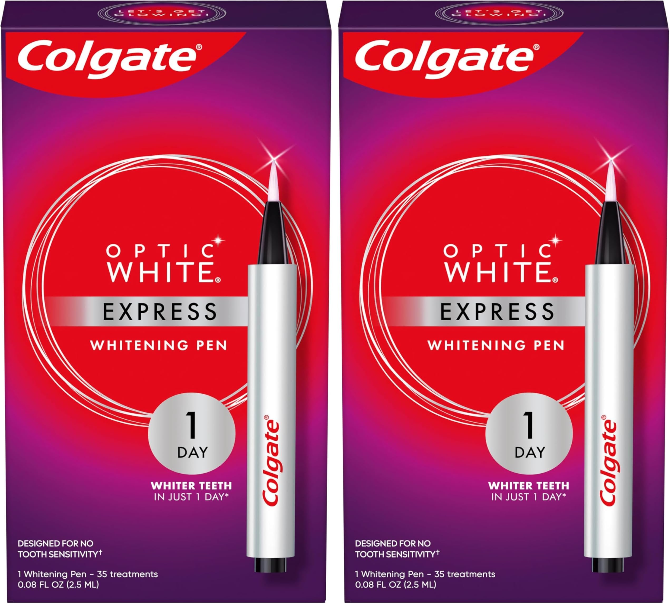 Colgate Optic White Express Teeth Whitening Pen with 35 Treatments, Enamel Safe, Designed for No Tooth Sensitivity, 0.08 oz (Pack of 2)