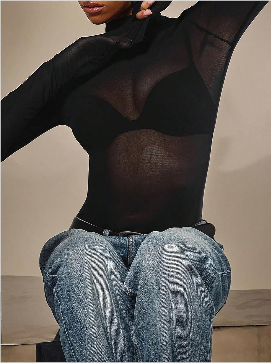 SweatyRocks Women's Mesh Long Sleeve Bodysuits Mock Neck Sheer Leotards Bodysuit Top - Image 4