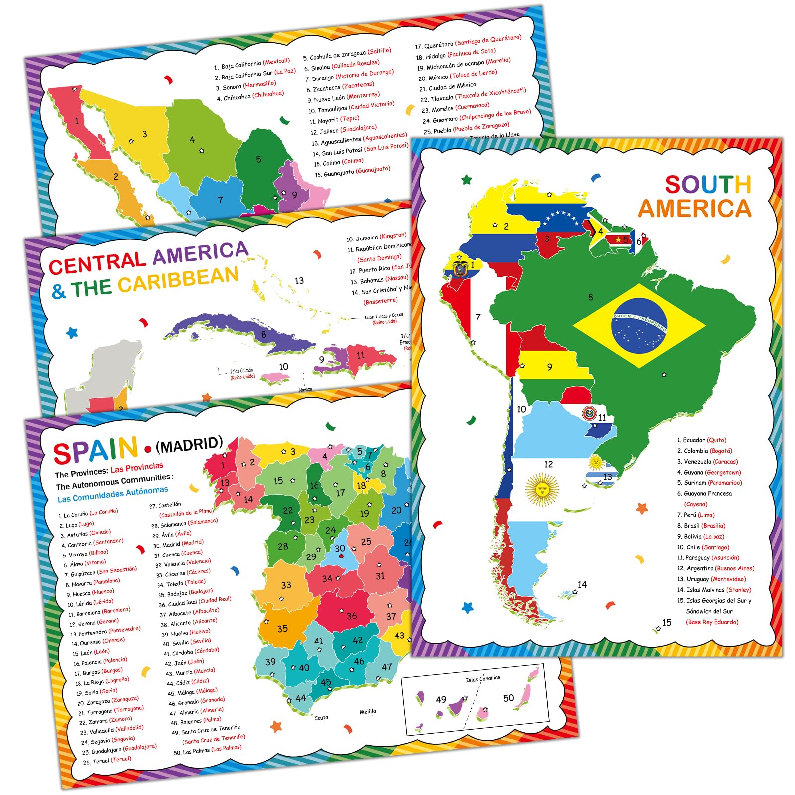 gisgfim 18 x 12 in Spanish Posters Spanish Language Country Maps Including Spain, Mexico, Central America, Caribbean, South America Spanish Classroom Decorations for Students Teachers Supplies