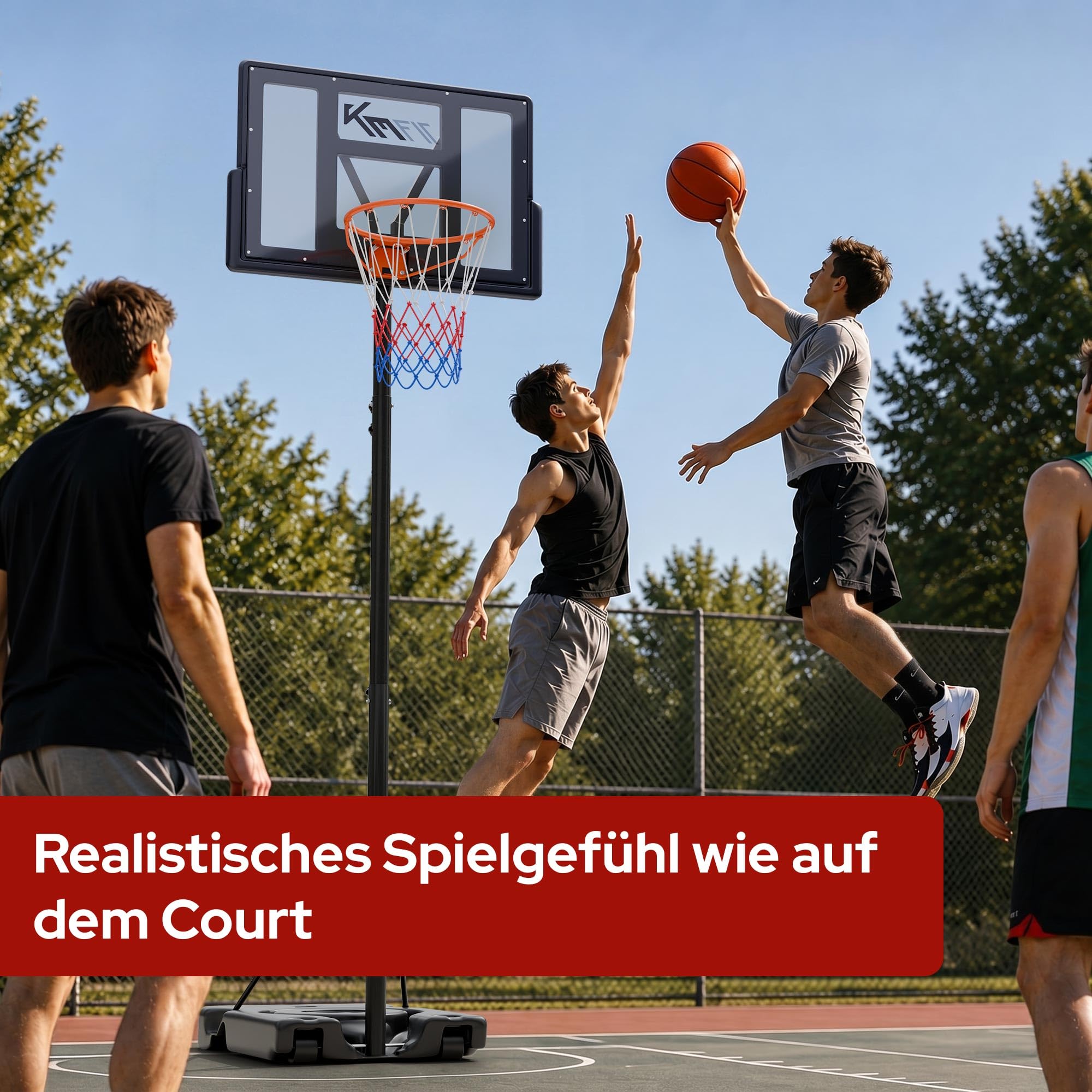 KM-Fit Basketballkorb Outdoor höhenverstellbar 135–305 cm | Mobiler Basketballständer mit Federkorb, Rollen & Backboard | Basketballanlage für Kinder, Jugendliche & Erwachsene | inkl. 2 Netze
