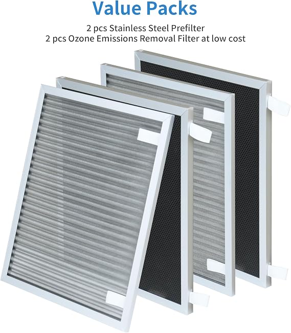 Replacement Filters Compatible with Nuwave Oxypure Zero Smart Air Cleaner Purifier Model 47351, 47251, 47261, 2 Stainless Steel Pre-filters and 2 Activated Carbon Coated Filters