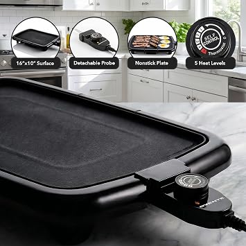 OVENTE Electric Griddle with 16 x 10 Inch Flat Non-Stick Cooking Surface, Removable and Adjustable Temperature Control, Indoor Grill for Instant Breakfast, Pancakes, Eggs or Burgers, Black GD1610B