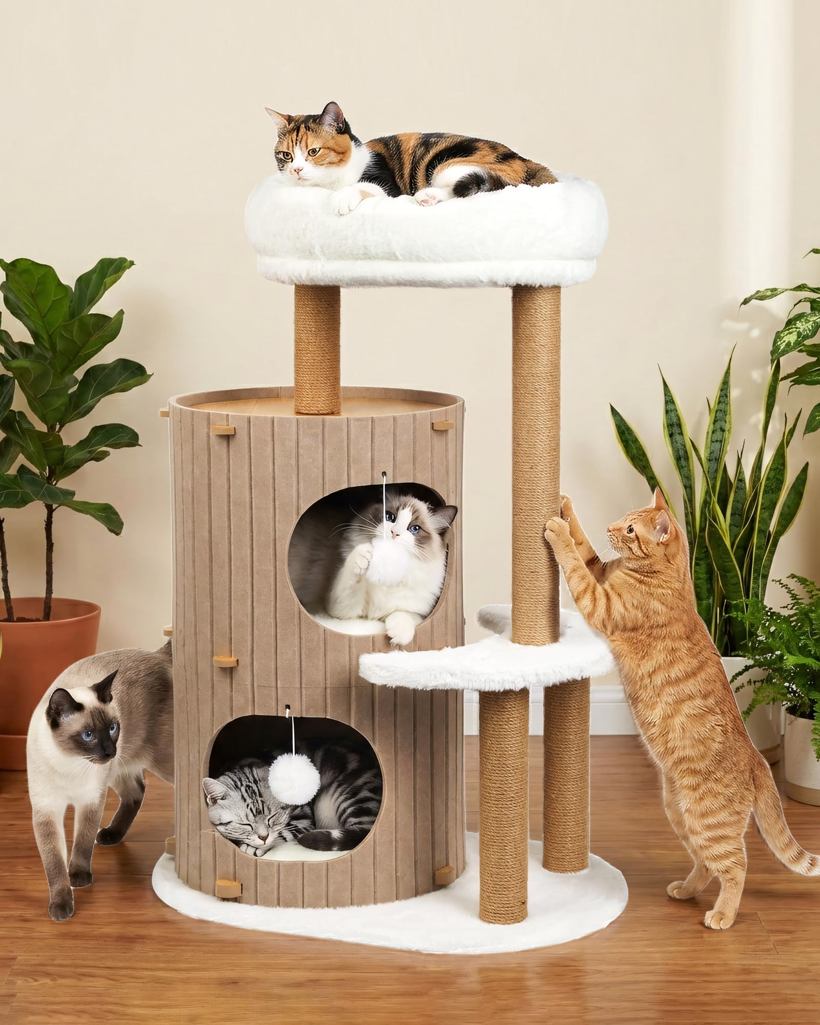 Di lusso Tiragraffi per gatti – Albero di gatto con casetta per gatti, tavola in sisal, letto rimovibile e palla da gioco |Albero da arrampicata (Beige, Tiragraffi per Gatti)