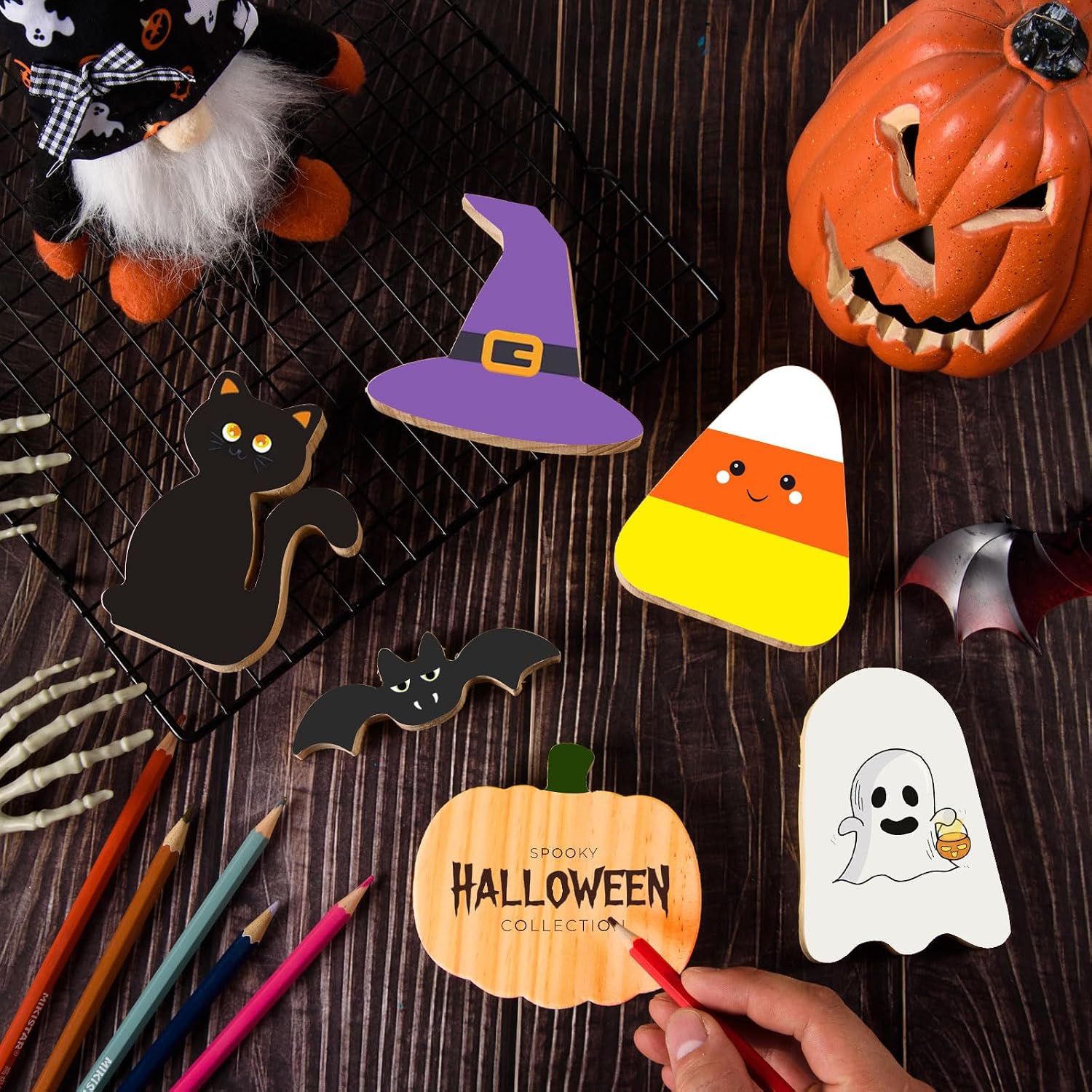 AWIZOM 12 Pcs Halloween Wooden Cutouts Unfinished Table Sign Decorations
