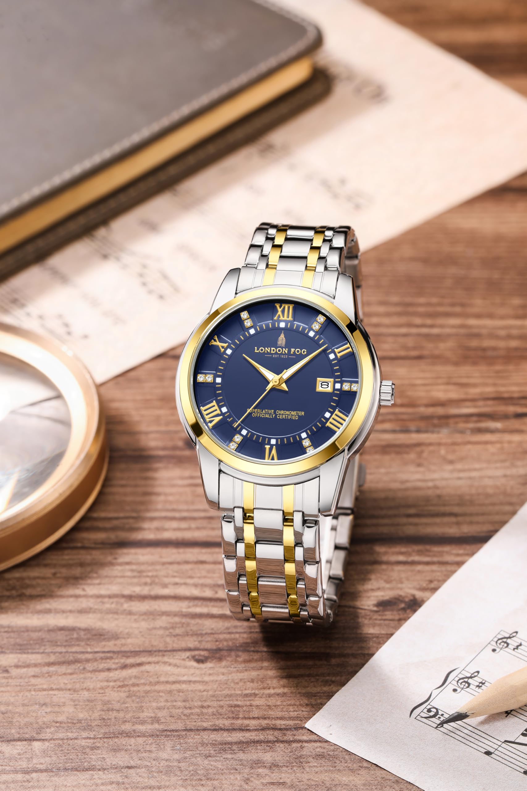 London Fog Regent Collection Analog Quartz Watch for Men with Blue Dial and Two Tone Silver Gold Stainless Steel Strap, Metal Case, Date Display, Luminous Hands & Hour Markers, Water Resistant 1