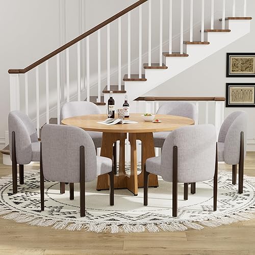 Miniatura 12 de Juego de mesa de comedor redonda de 7 piezas para 6, mesa de comedor de nogal de 47 pulgadas con base de pedestal doble + sillas de comedor