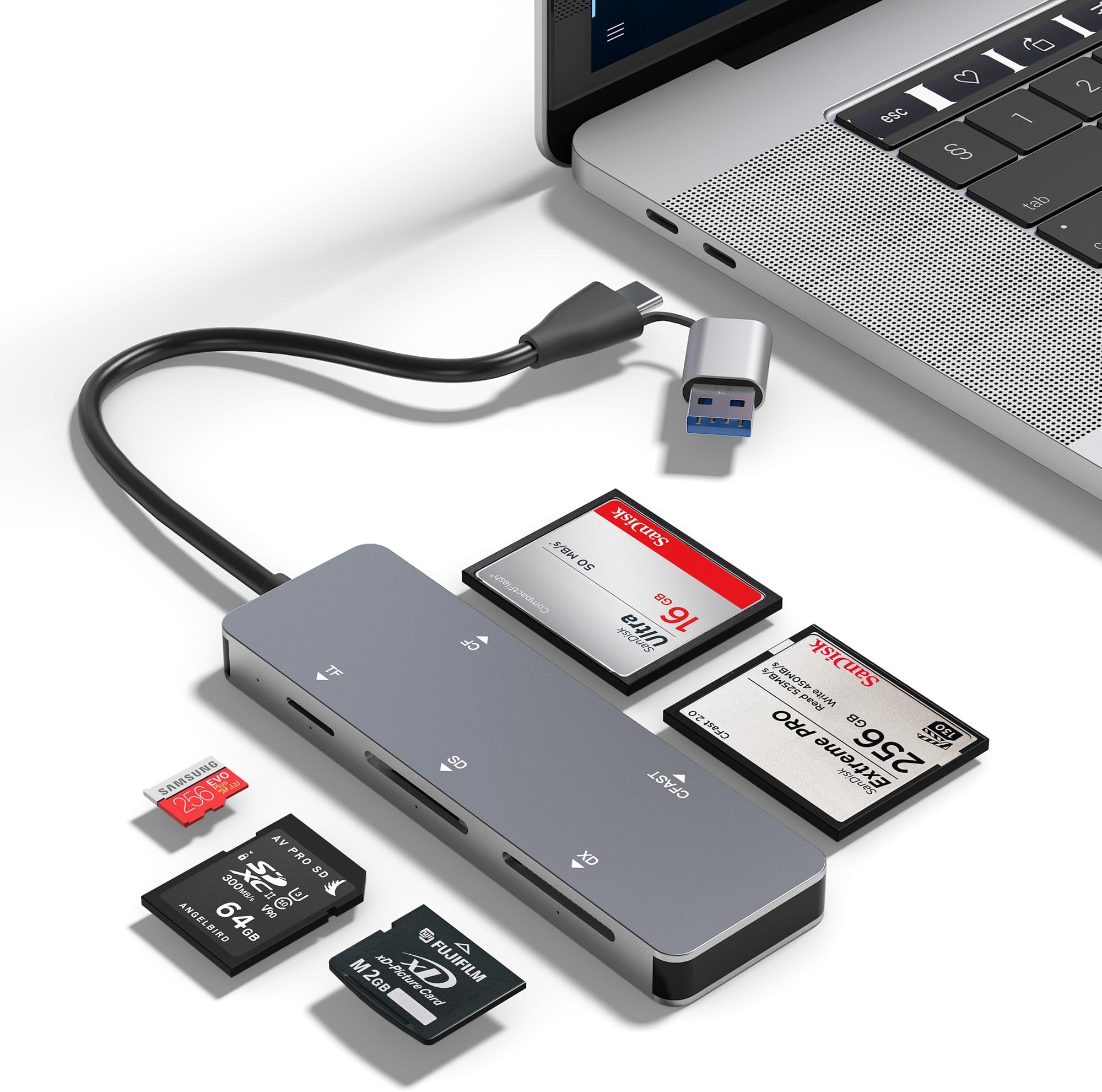 SanDisk Lexar Transcend Sony CFast/SD/TF/XD Card Reader, USB 3.0 USB C, Aluminum, 5Gbps, 5-in-1