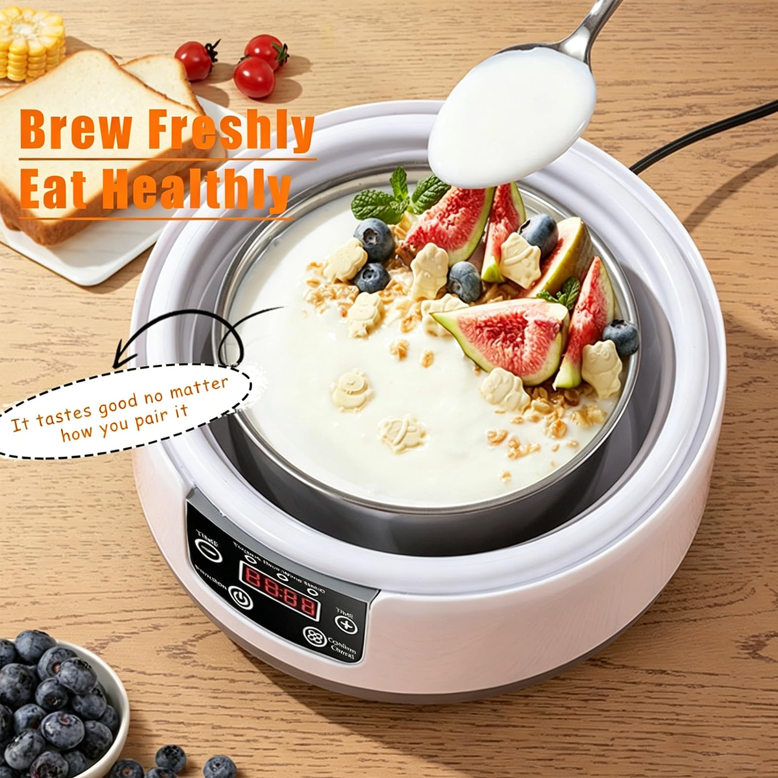 Fabricador de Yogur de 1.2L, Fabricador de Yogur Eléctrico con Pantalla LCD, Tiempo y Temperatura Ajustables, Tarro de Yogur con 5 Tazas, Fabricador de Postres Casero para Yogur Griego Casero