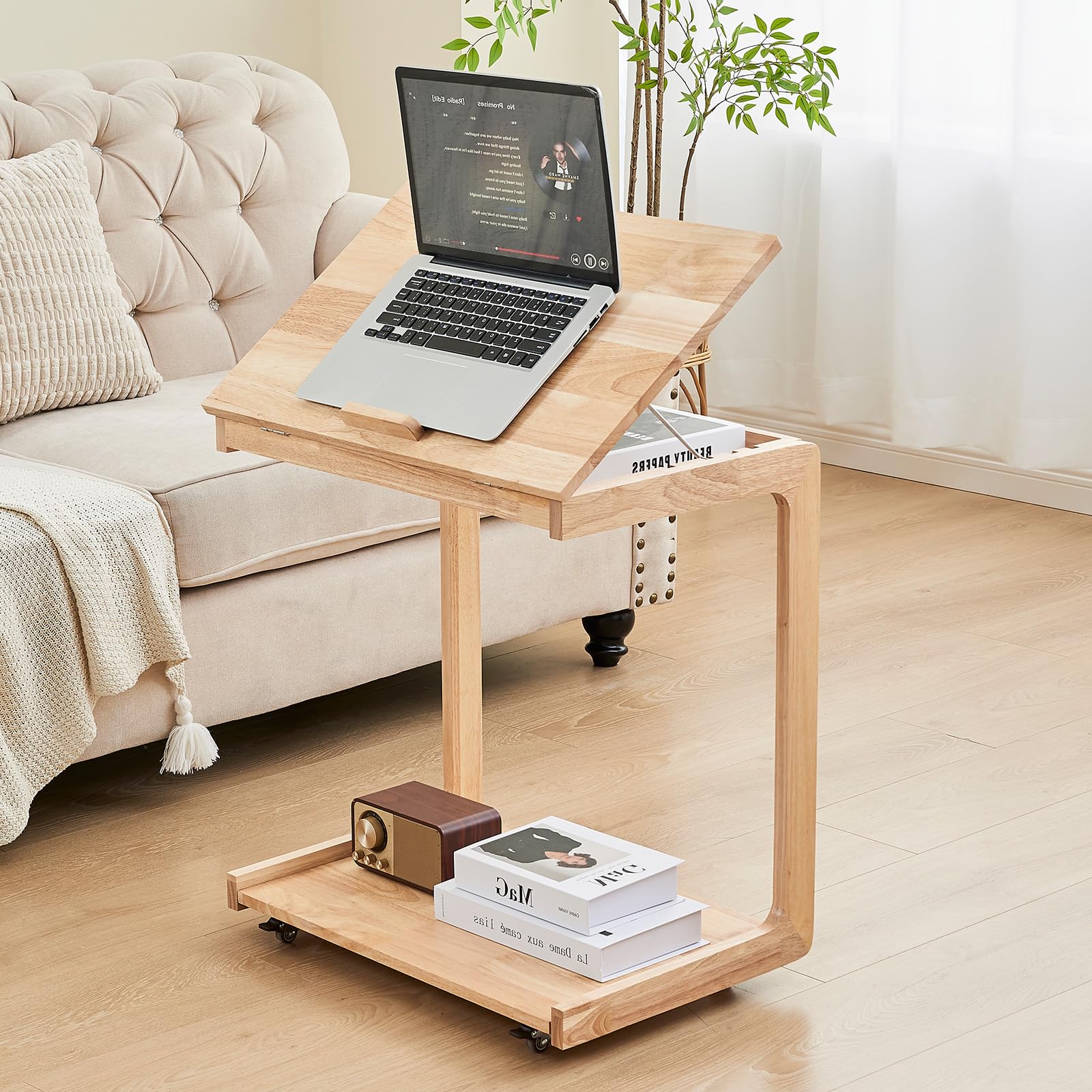 PlushVibes C-Shaped End Table with Wheels - Rolling Side Table for Couch, Solid Wood Modern Adjustable Tv Tray Sofa Tables for Living Room, Bedroom,