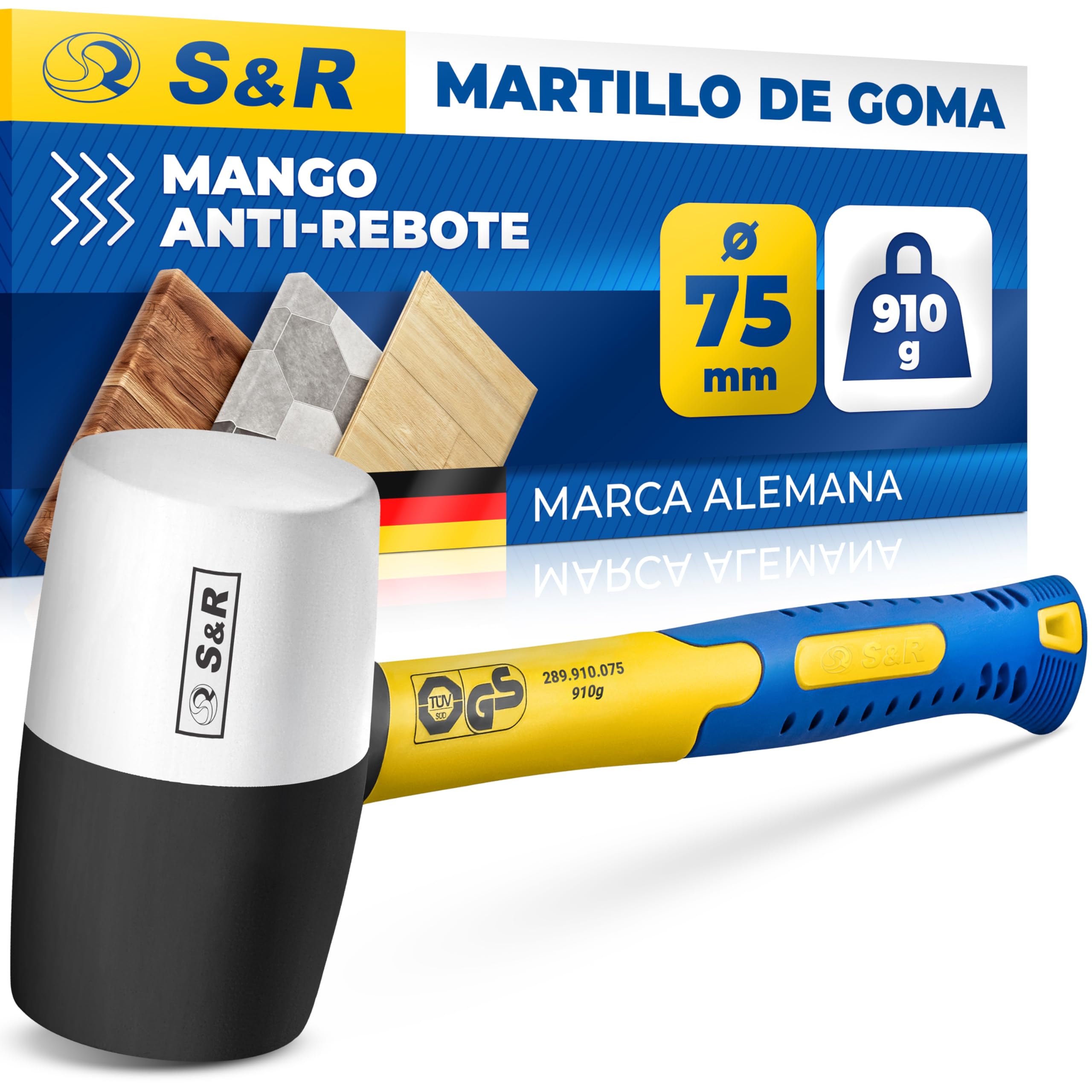 S&R Rubber Hammer | Rubber Hammer | Rubber Mallet | Black and White Albanile Mace 910 g / 75 mm | Tile Mallet, Camping, Formwork