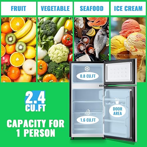 Miniatura 2 de Mini refrigerador con congelador, refrigerador personal de 2.4 pies cúbicos solo para uso de una persona, refrigerador pequeño plateado de tamaño