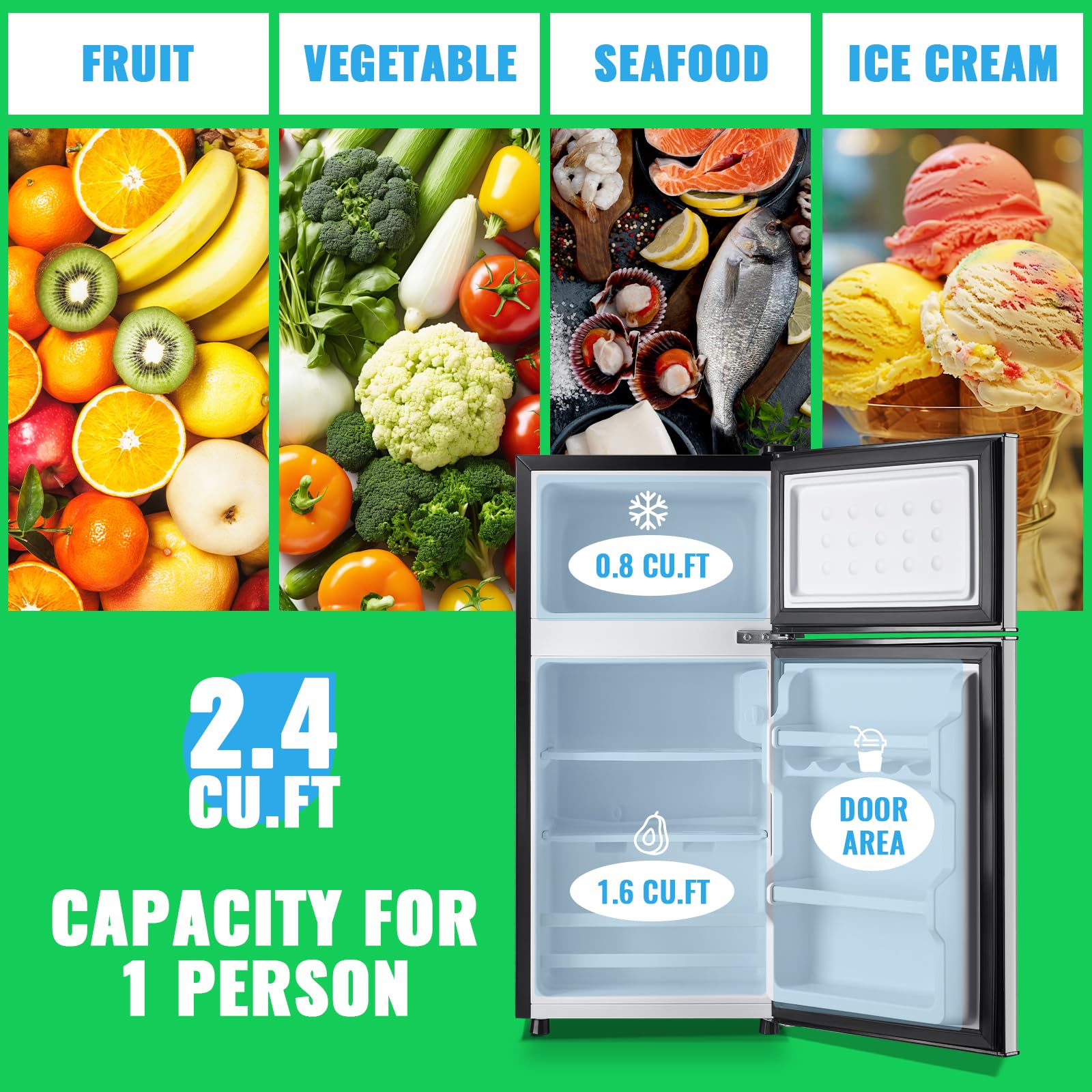 Demuller Mini Fridge With Freezer, 45l Personal Refrigerator Only For One Person Use, Silver Tiny Small Size Refrigerator With 7 Level Adjustable Temperature And Double Door on Fridge.com - View 2