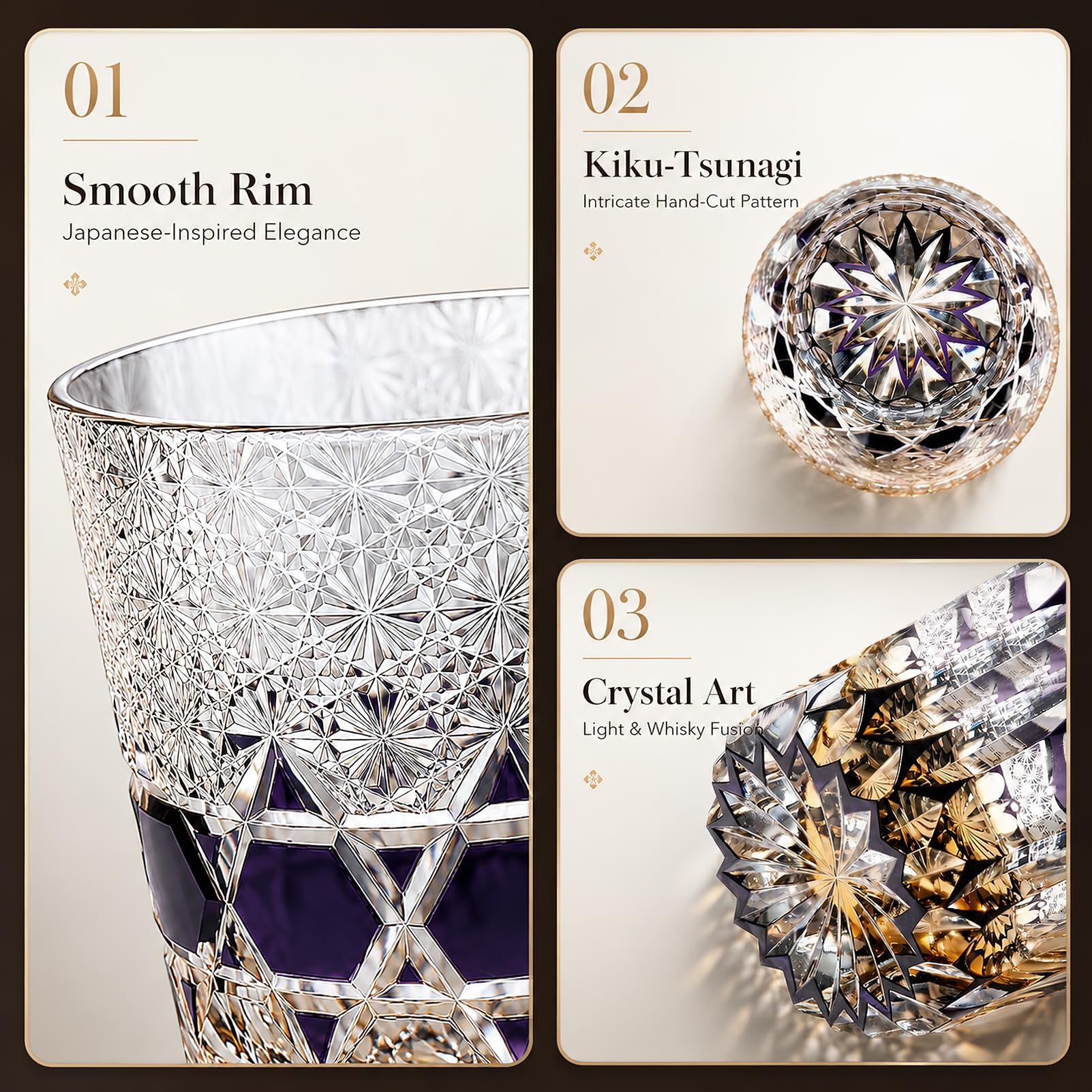 Vaso Whisky Japones Edo Kiriko Kiku Tsunagi - Vaso Degustacion Regalo Hombre para Bourbon - Vidrio Premium (Caja Regalo, 250ml)