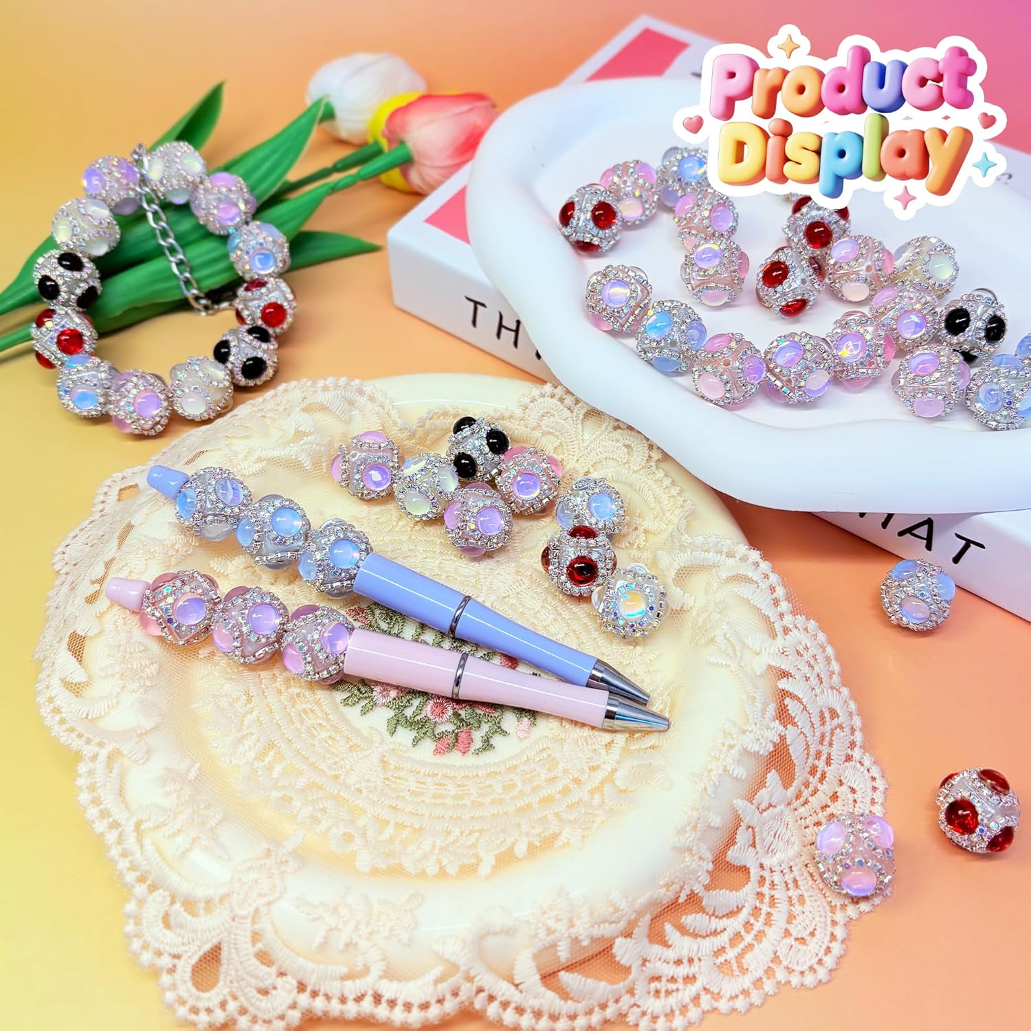 10pcs Rhinestone Focal Beads for Pens, Sparkling Crystal Flower Designs, Glitter Keychain Beads for DIY Jewelry Making Crafts Holiday Decorations (Rhinestone) - Image 7