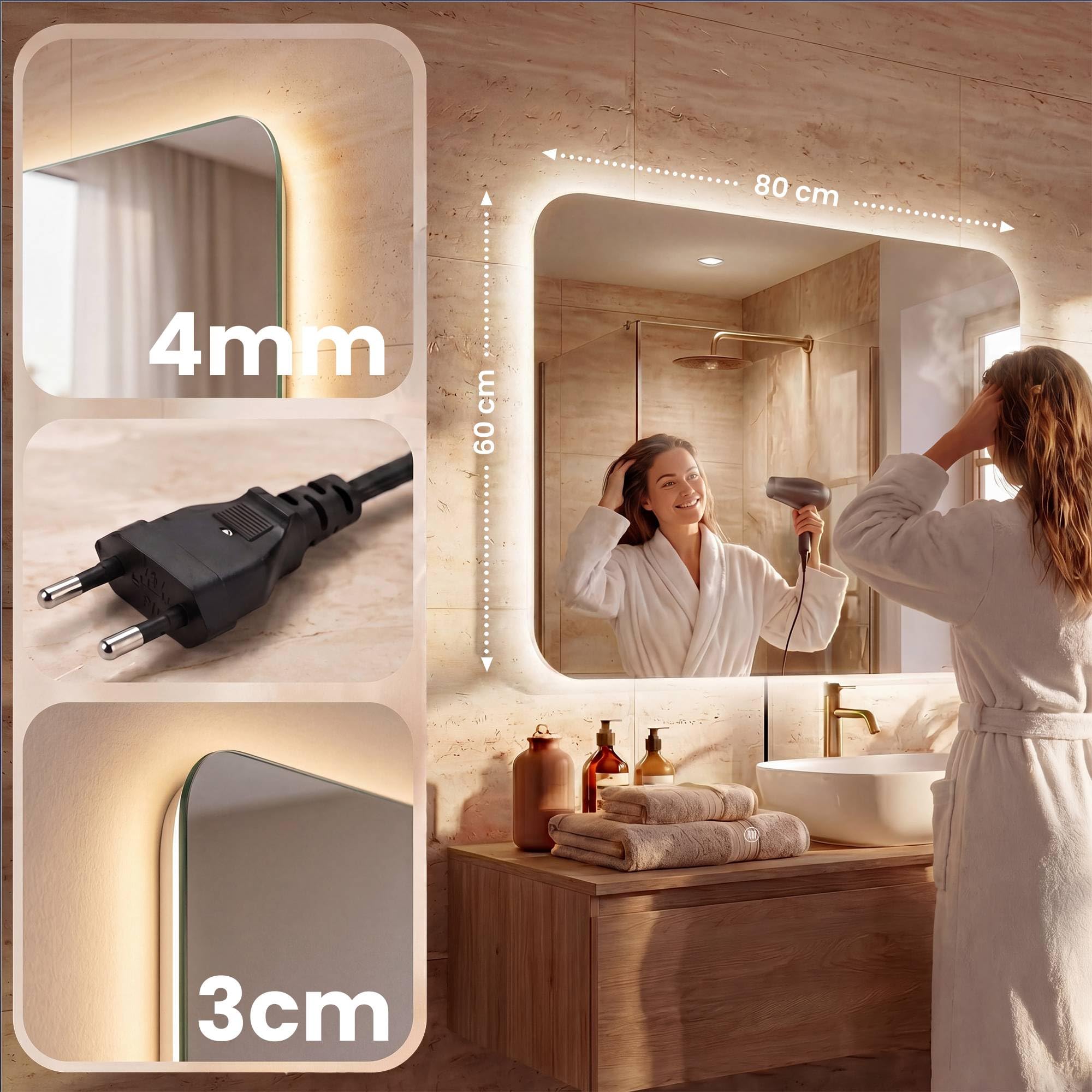CLP Espejo de Bano LED Rectangular, Espejo de Pared sin Marco con dimmer tactil, 3 Tonos de luz, antivaho Palmiro, Tamaño:60x100 cm