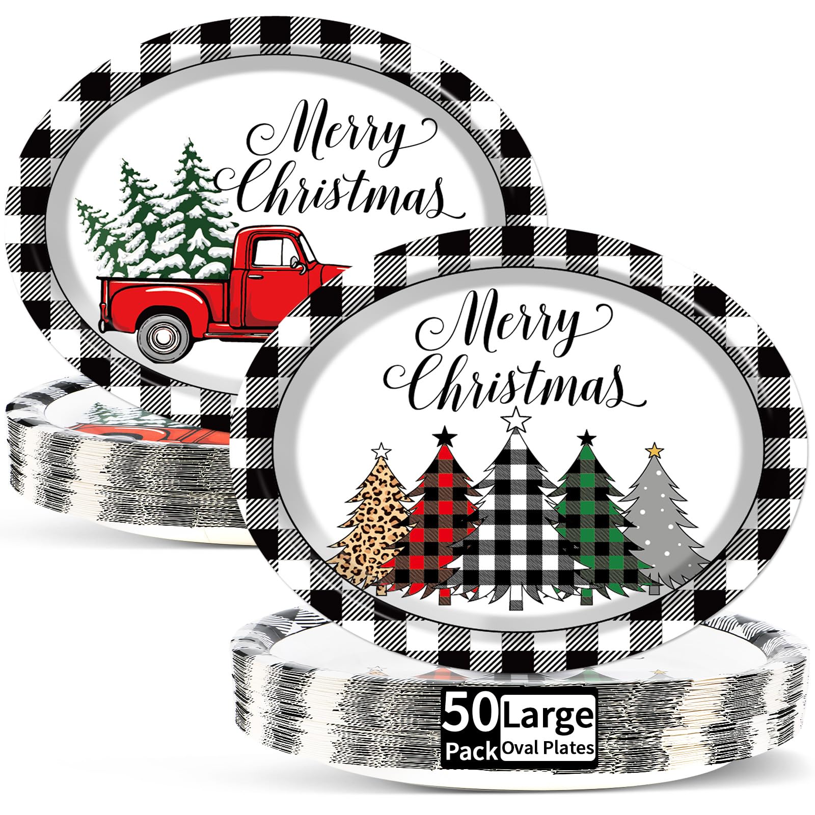 50 platos de papel ovalados de Navidad, grandes, desechables, de 11 pulgadas, color blanco y negro, diseño de camión, árbol de Navidad, bandeja de papel ovalada, bandeja de platos resistente para