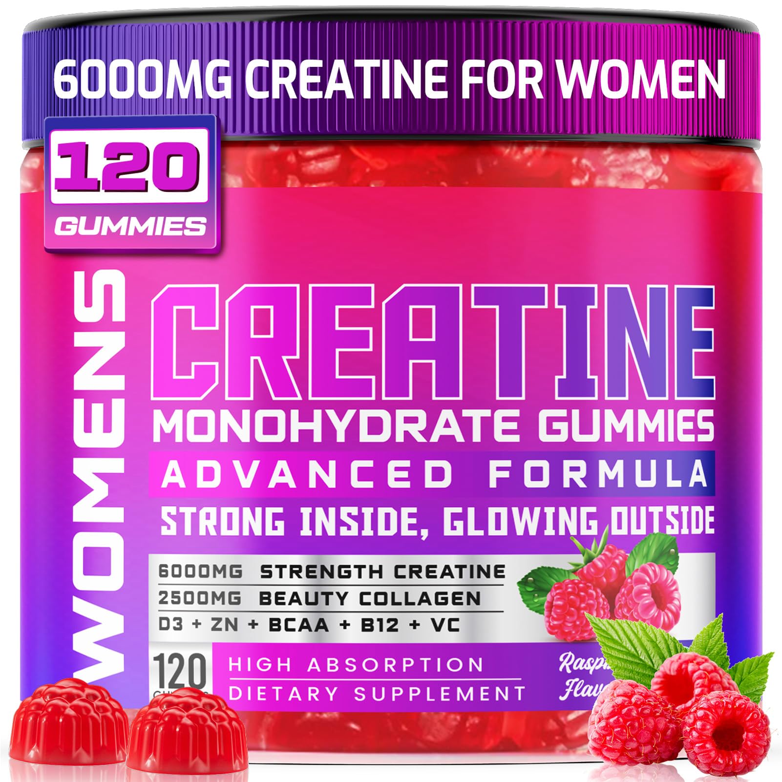 Creatine for Women, 6000mg Creatine Monohydrate Gummies with Collagen, BCAA 120 Count (Pack of 1)
